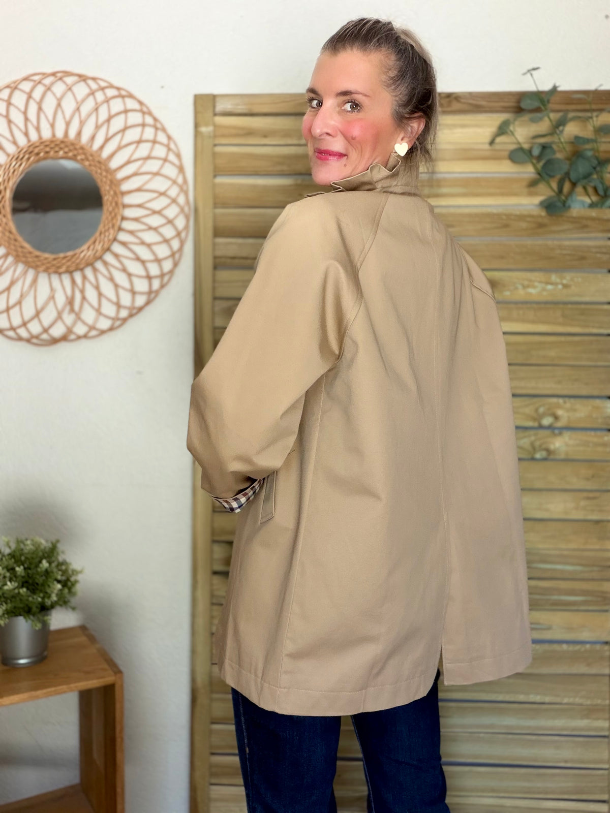 Veste Trench mi-long col victorien avec carreaux - ANDY Beige taupe