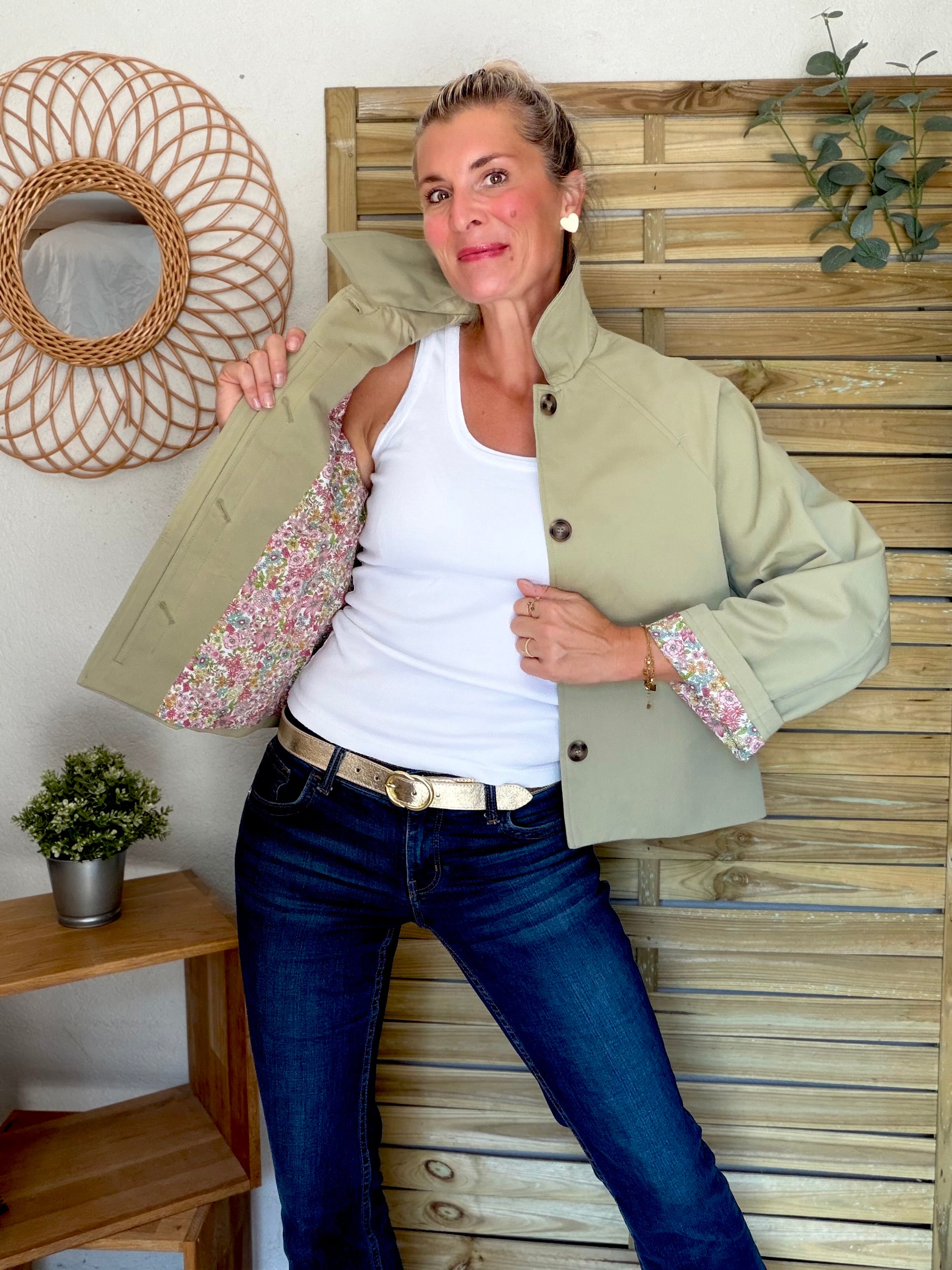 Veste Trench en coton Vert amande avec Liberty - MAHAUT - LILI et LALA