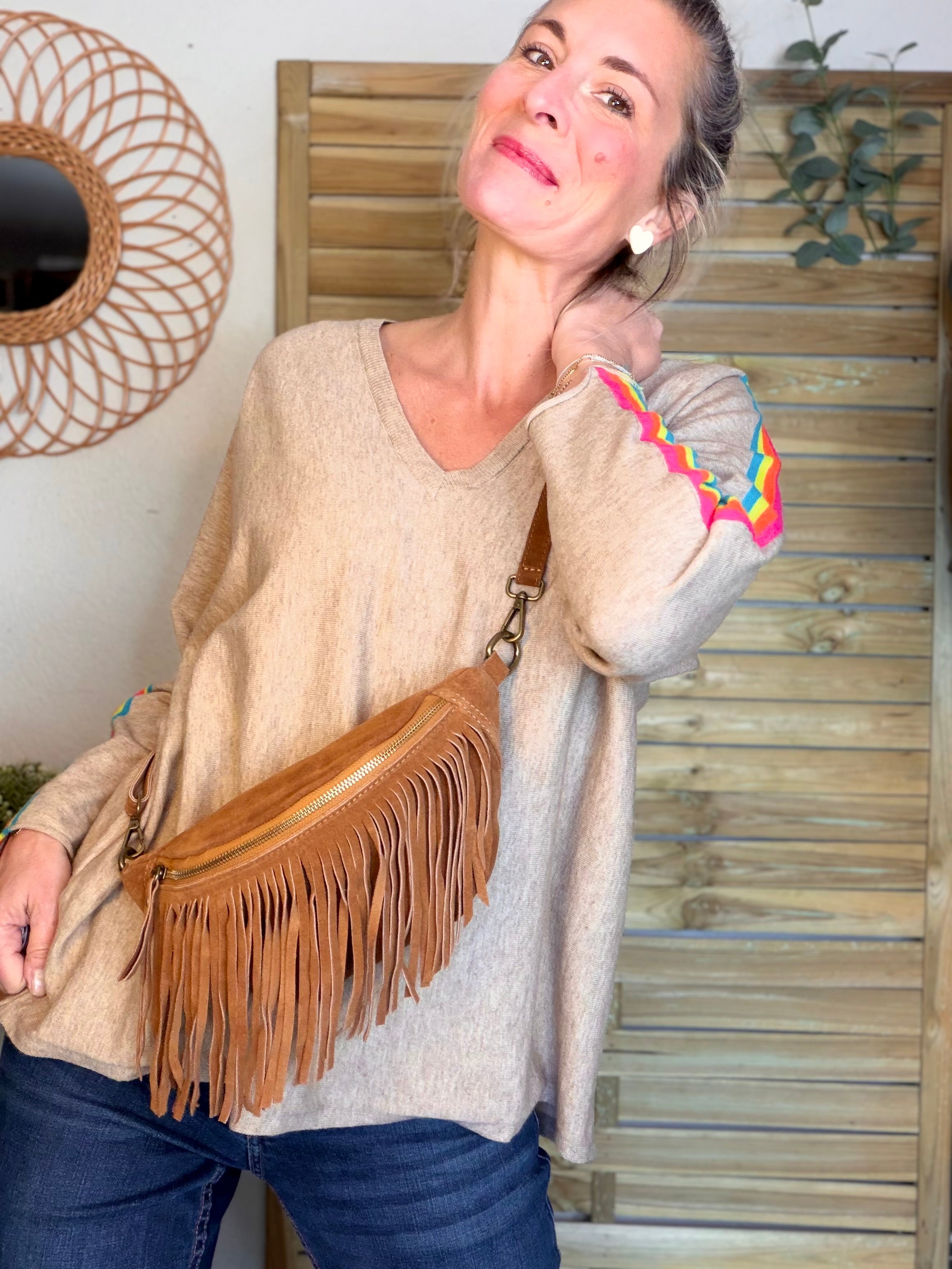 Sac banane avec franges en cuir daim - PIETRA - Camel