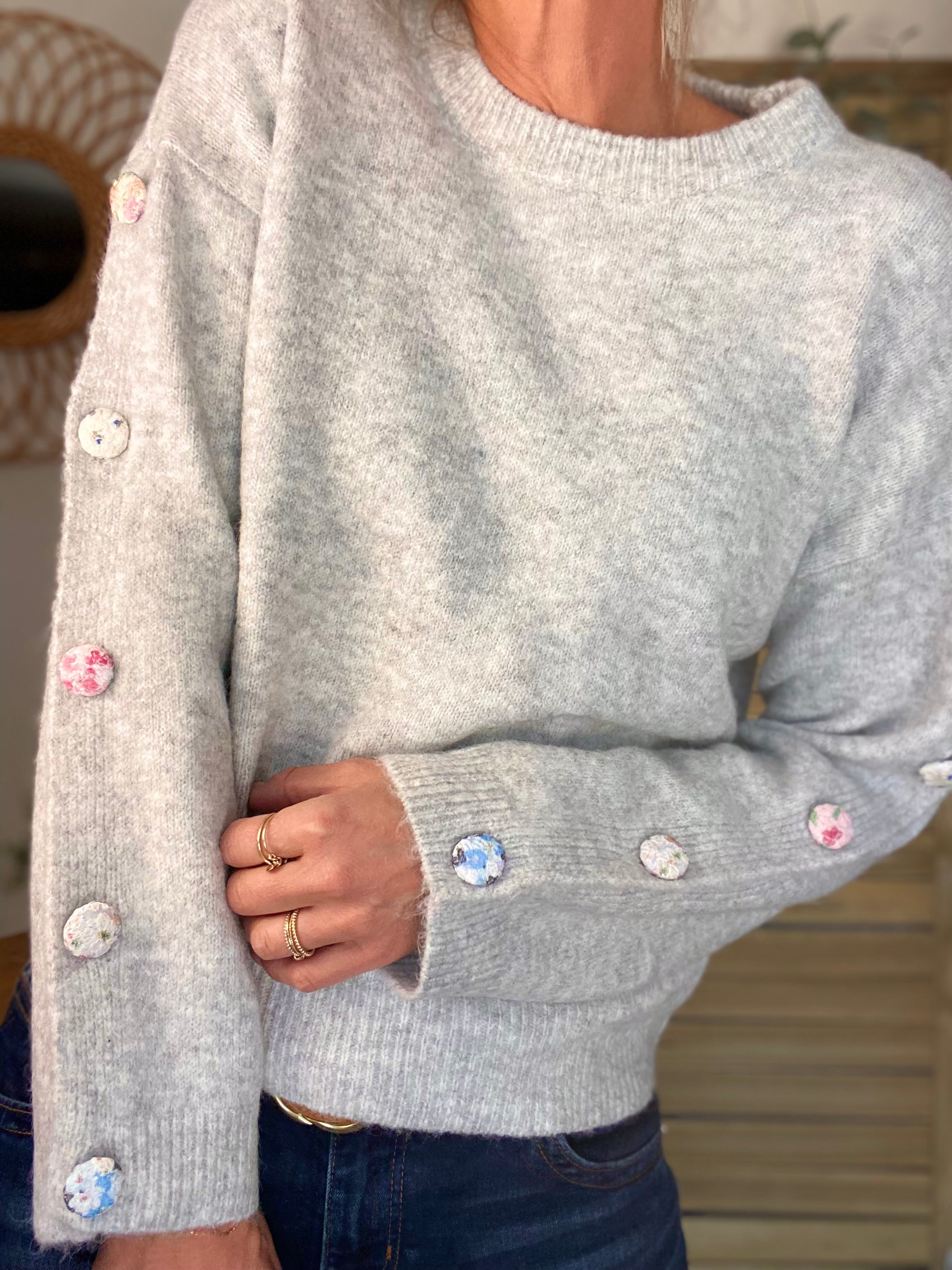 ⚡️ PÉPITES FRIDAY - Pull boutons tissu fleuri - Gris chiné - HAZEL