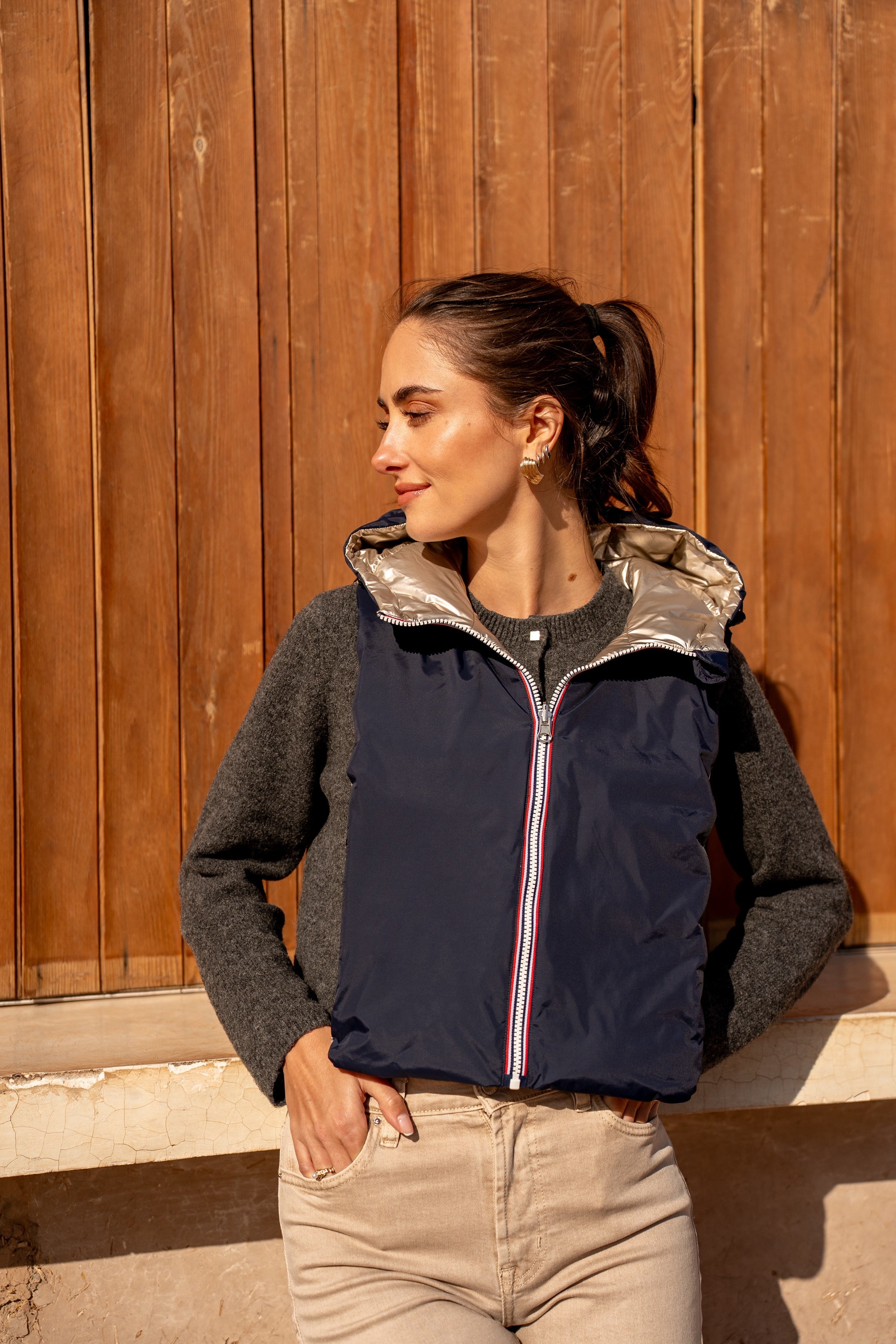 Col capuche amovible réversible  - Bleu Marine / Doré DANY - LAURA JO