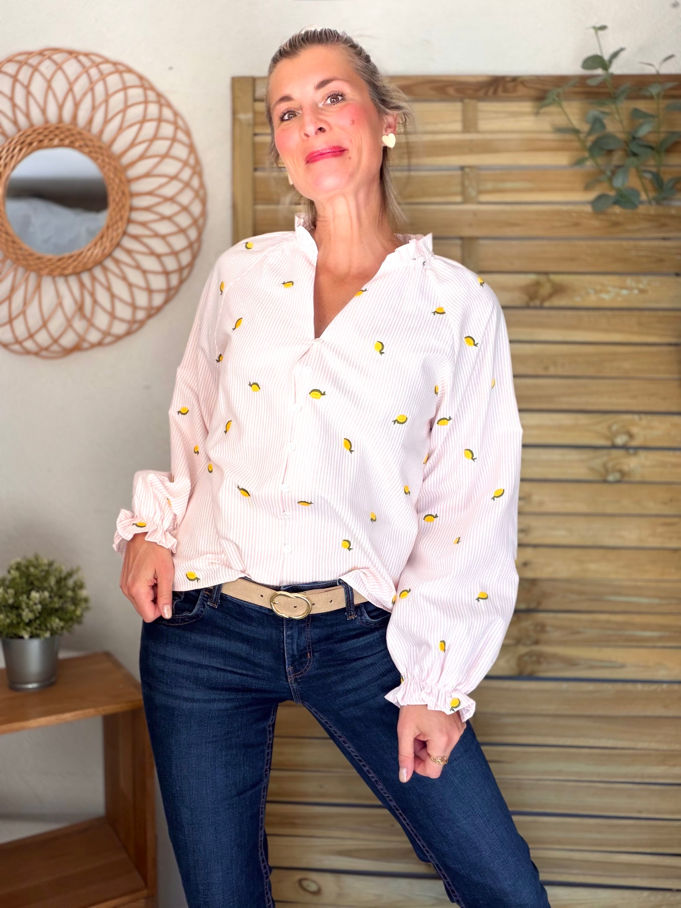 Blouse rayée rose avec citrons brodés 🍋 NICOLE