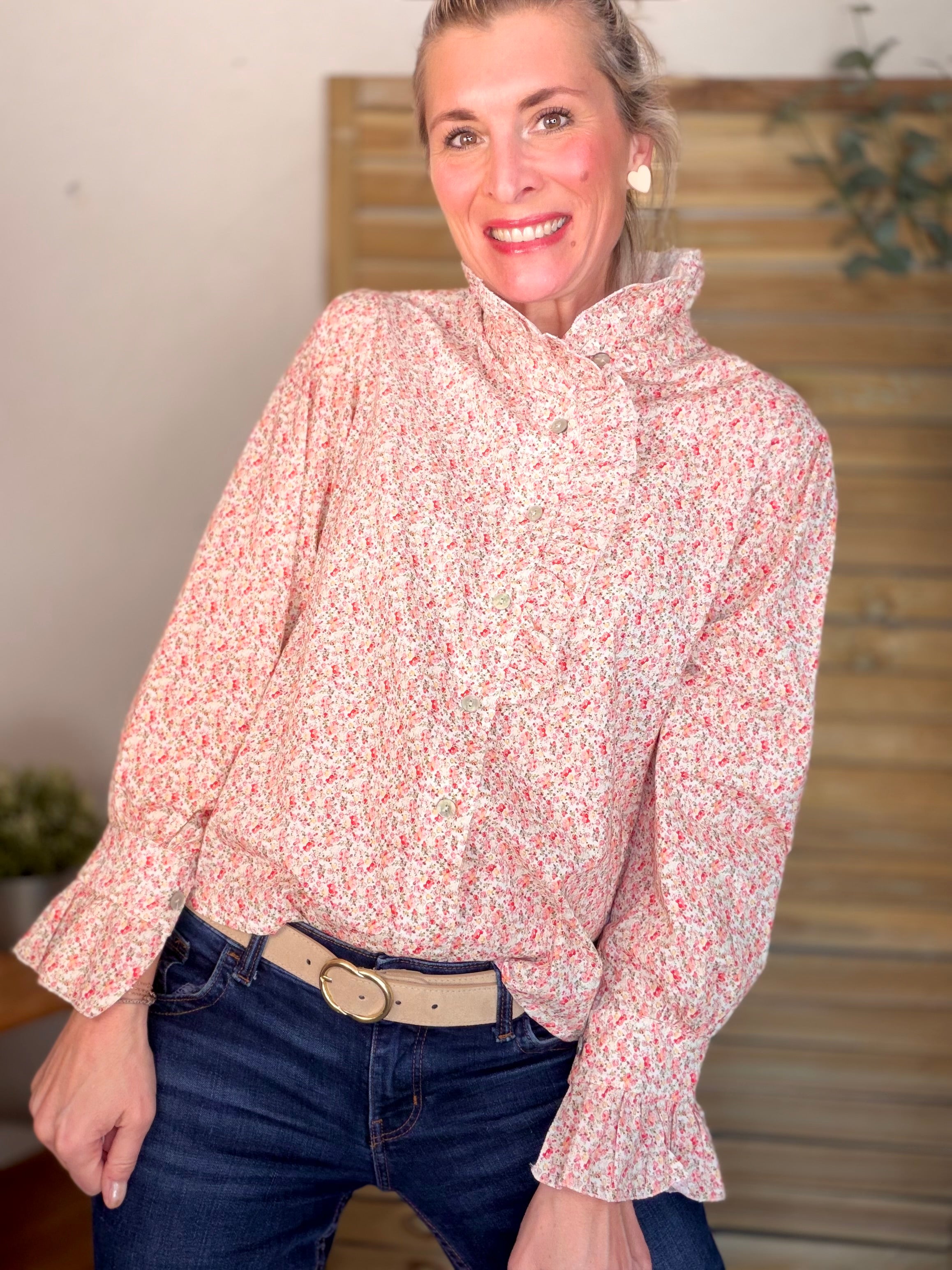 Chemise imprimée Liberty col volanté HÉLOÏSE - Rouge rosé