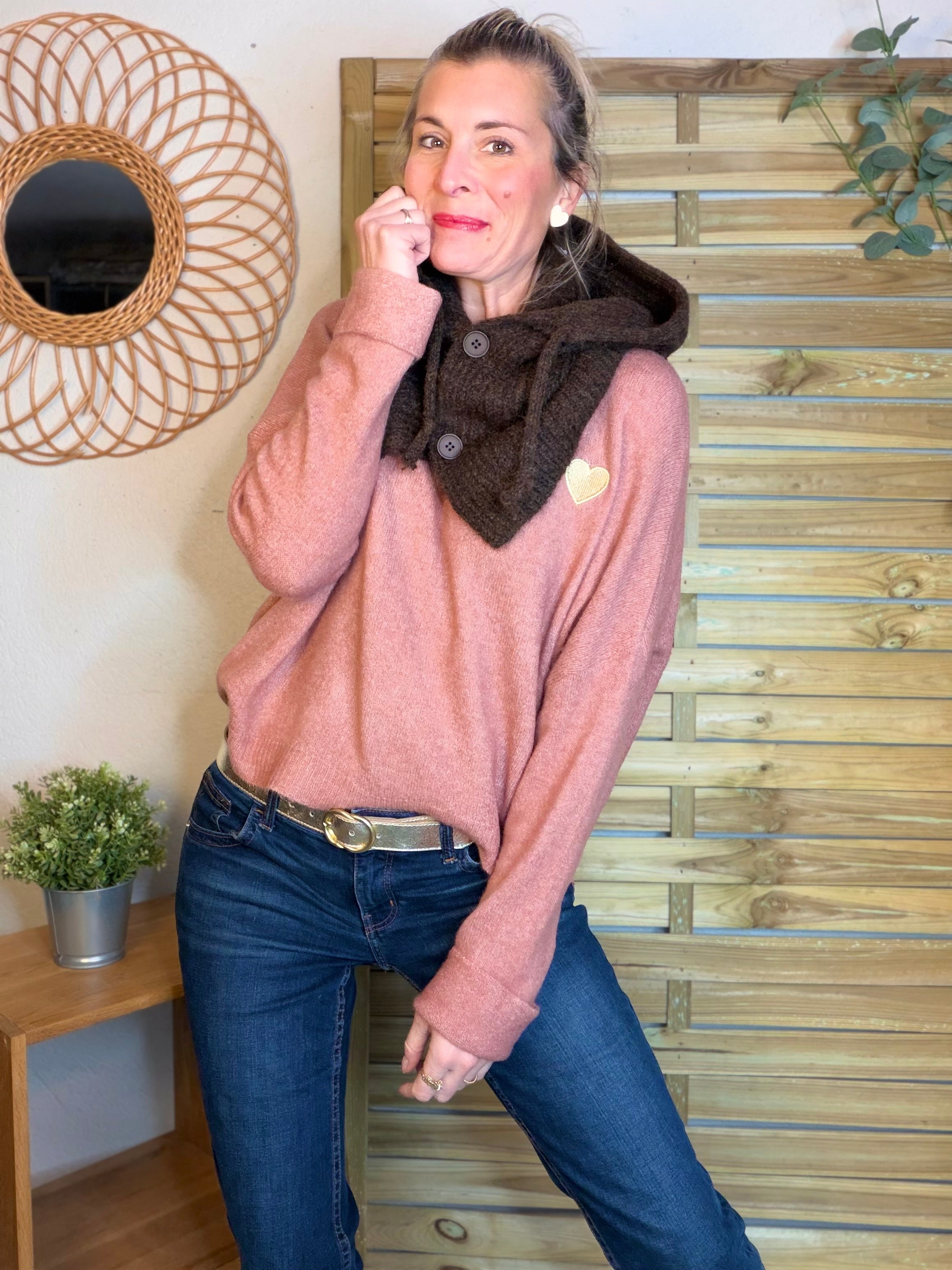 Col cagoule LORIE en maille avec bouton - Chocolat