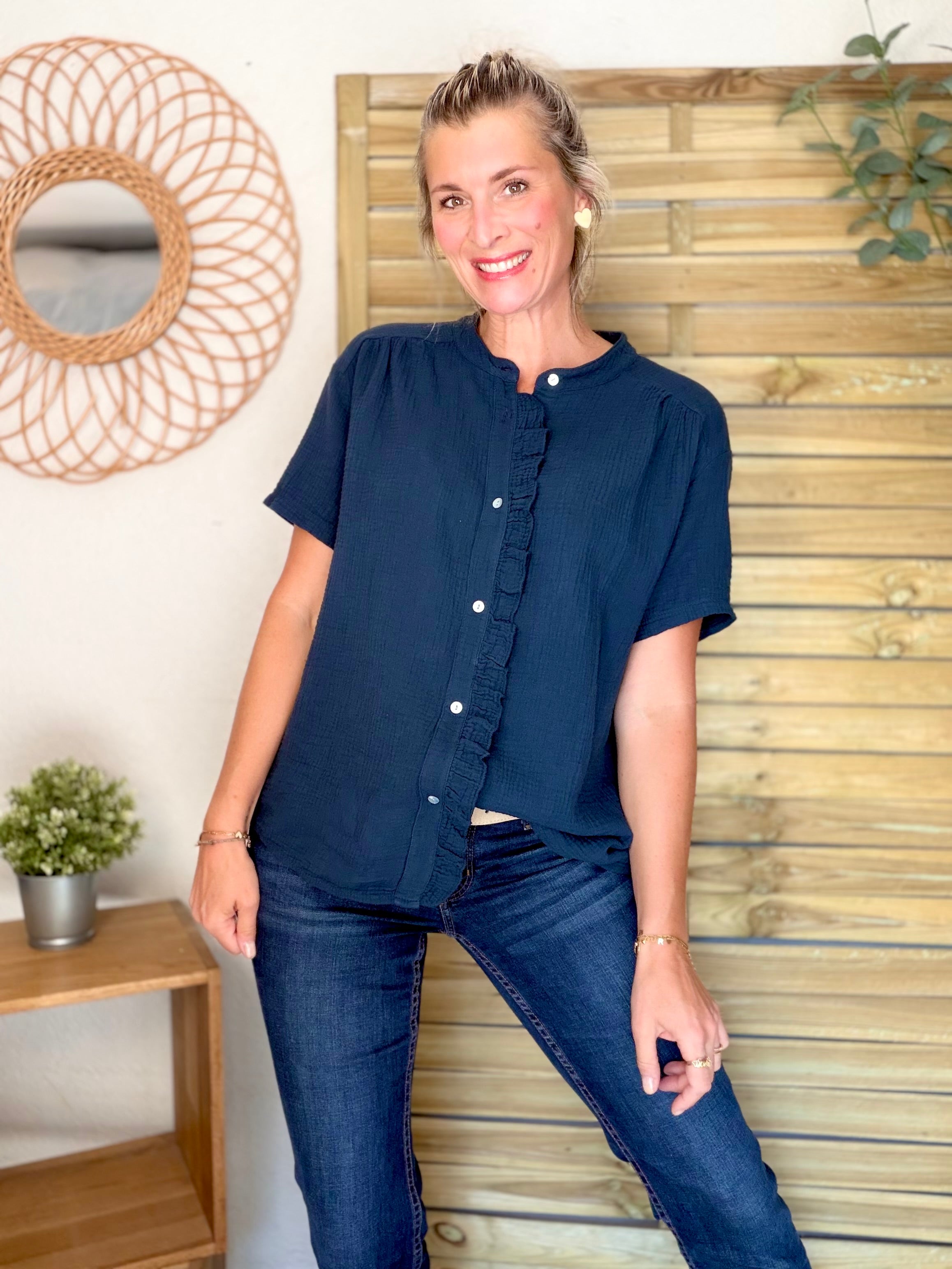 Blouse en gaze de coton ANAËLLE Bleu marine