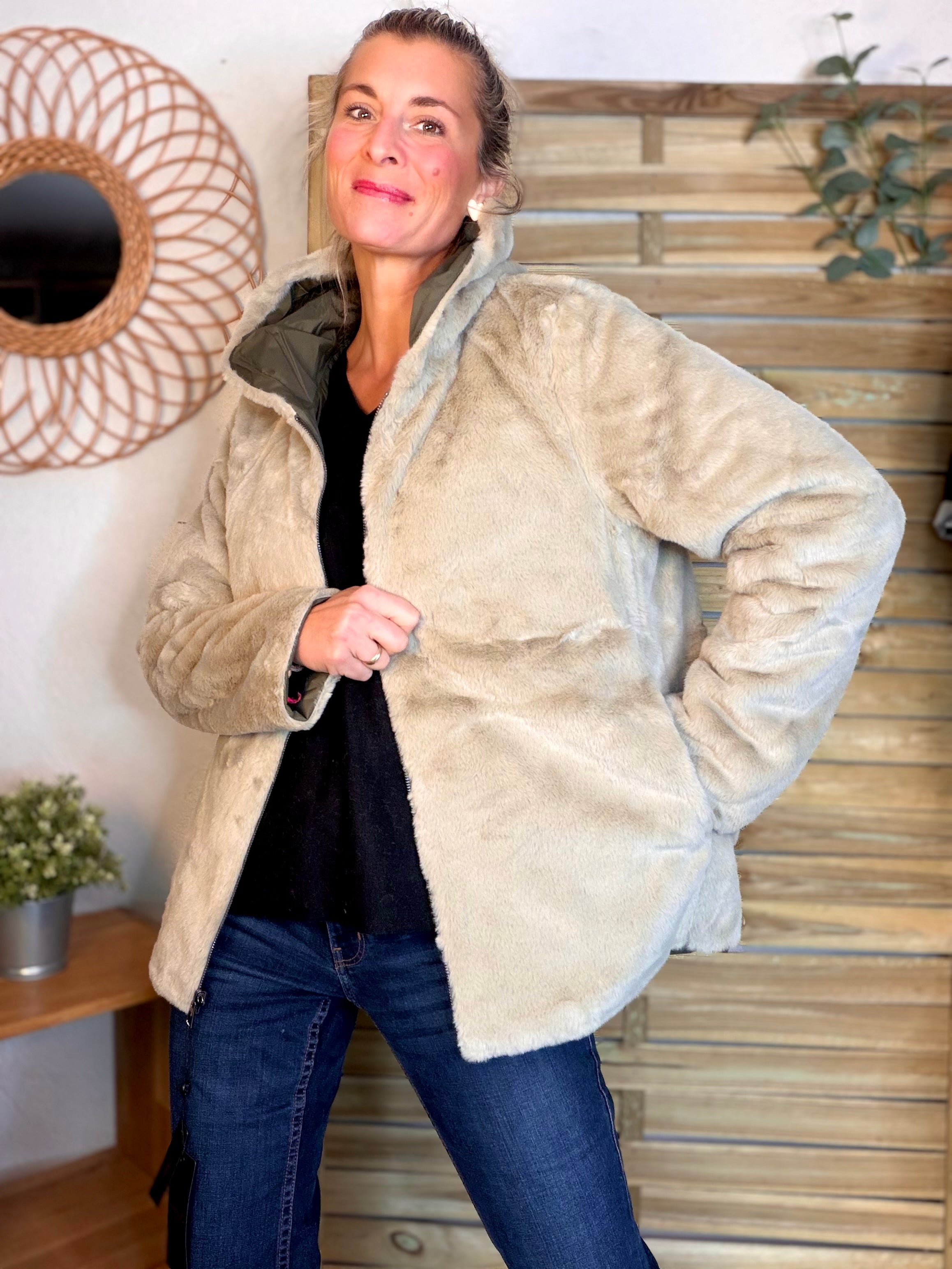 Parka Imperméable réversible fourrée Kaki / Beige ALIX Court - LAURA JO