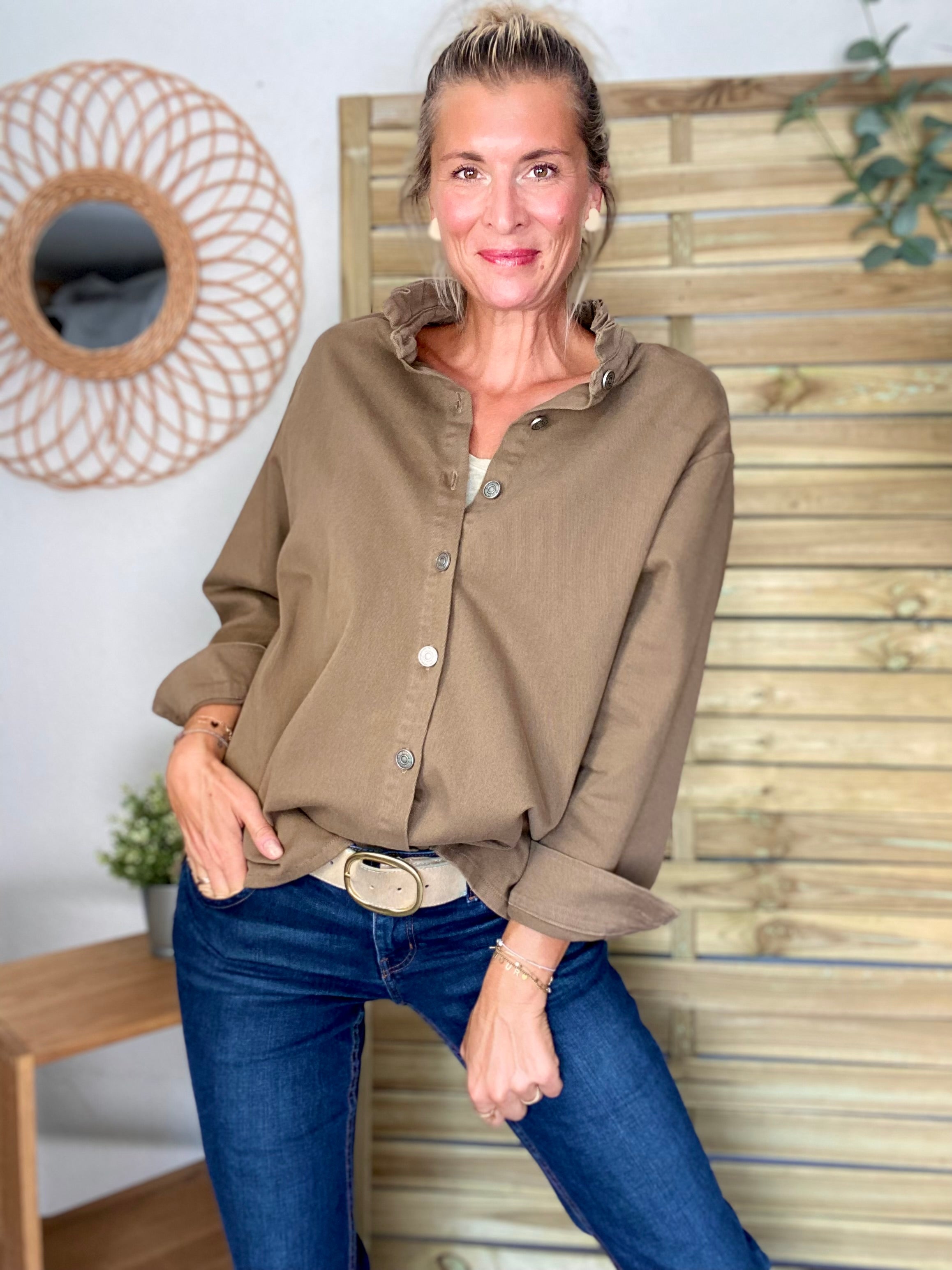 Veste / Chemise en coton, col volanté Camel foncé LISON
