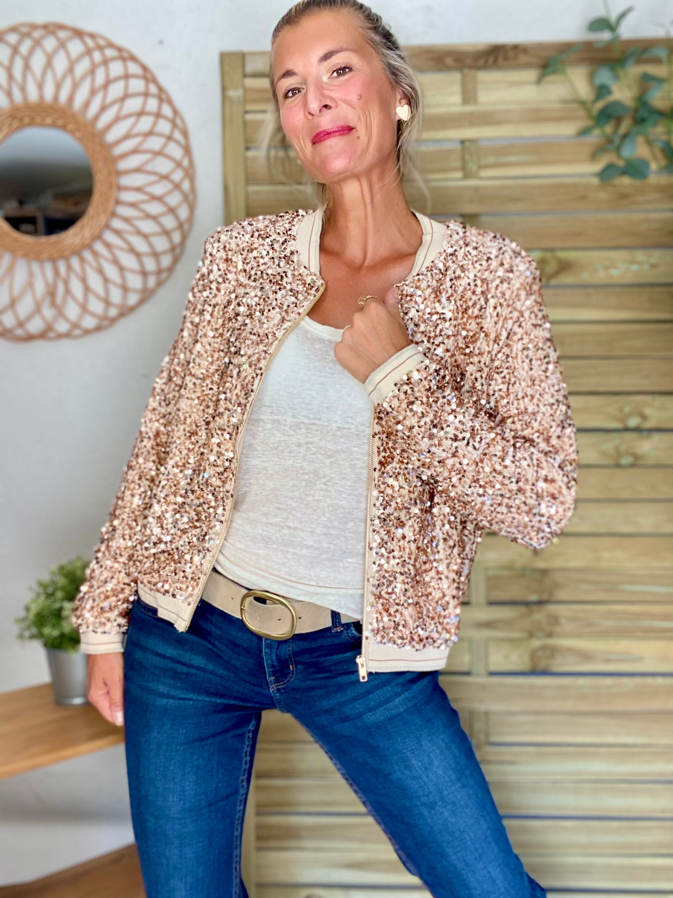 Veste bombers beige avec sequins Rose Gold KIM