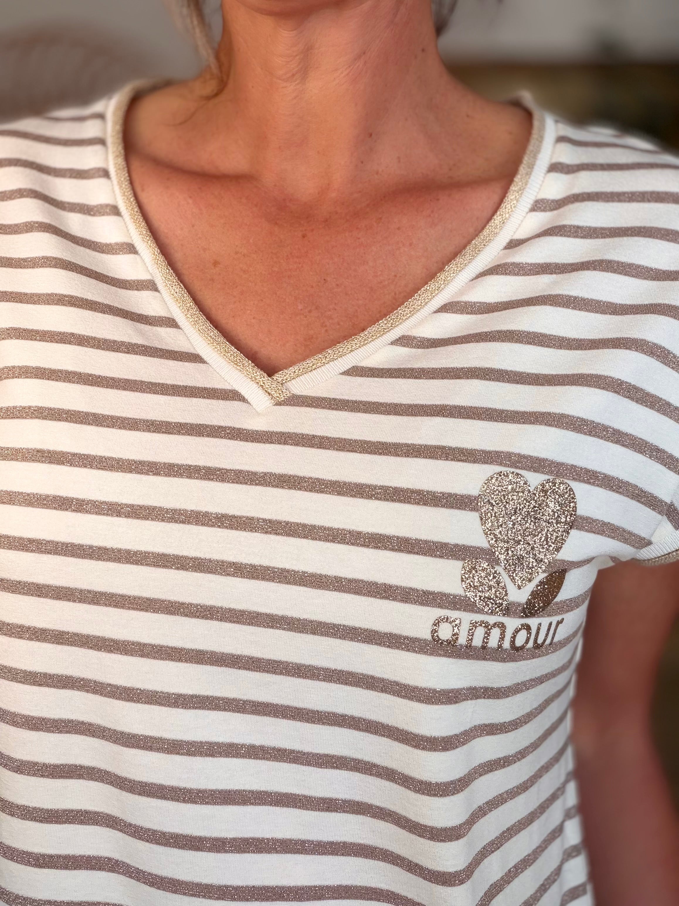 Top rayé col V amour 💛 NAOMIE - Taupe / Doré