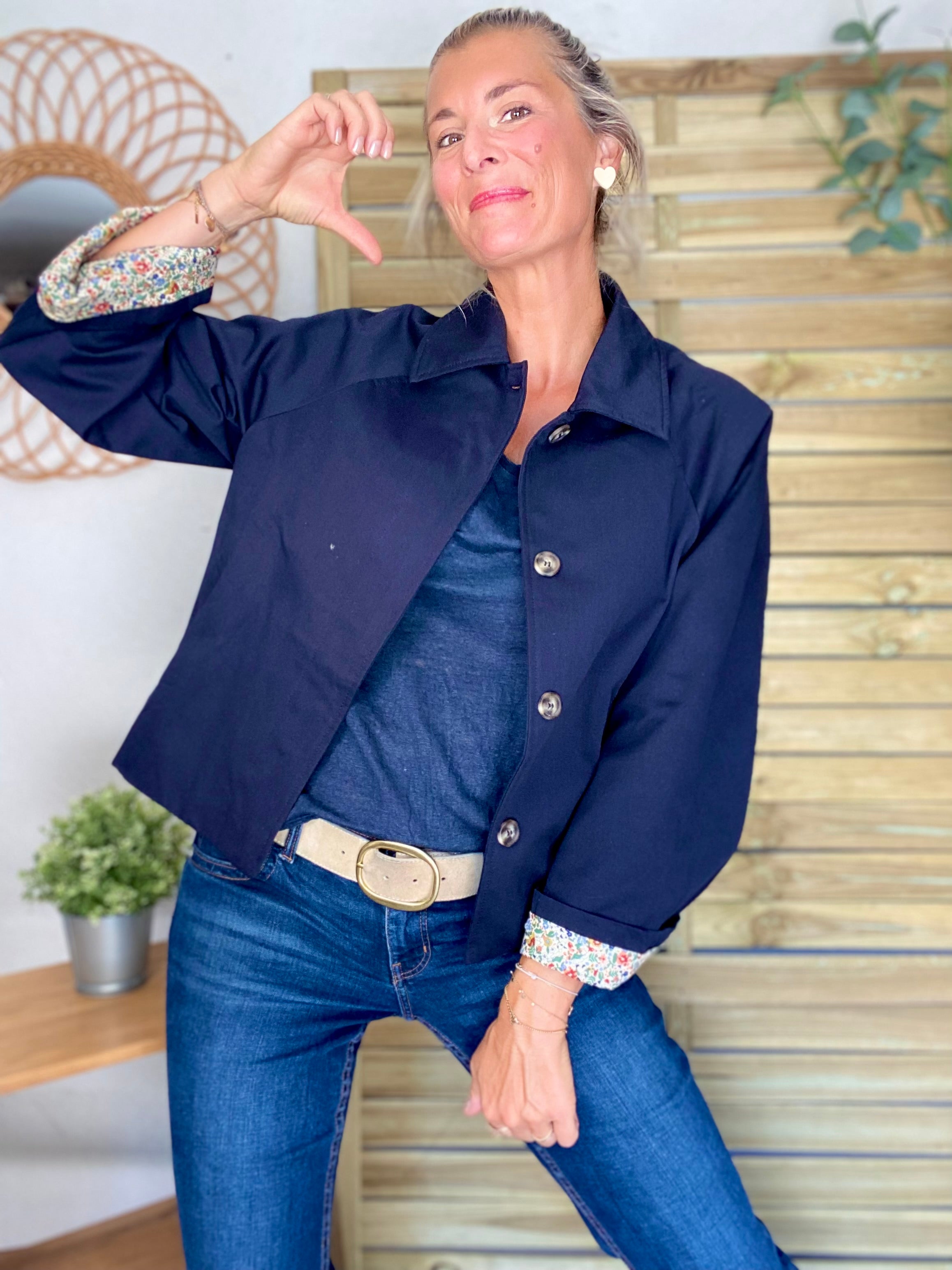 Veste Trench en coton bleu marine avec Liberty - MAHAUT