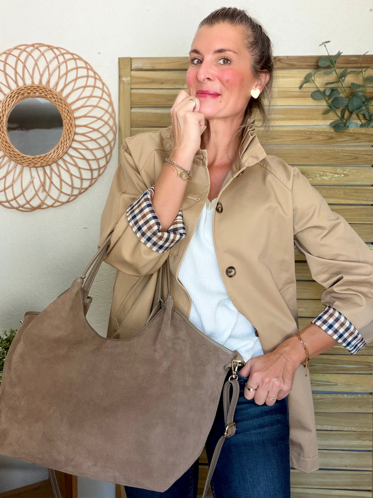 Sac cabas XXL en cuir daim souple • AUSTIN Taupe
