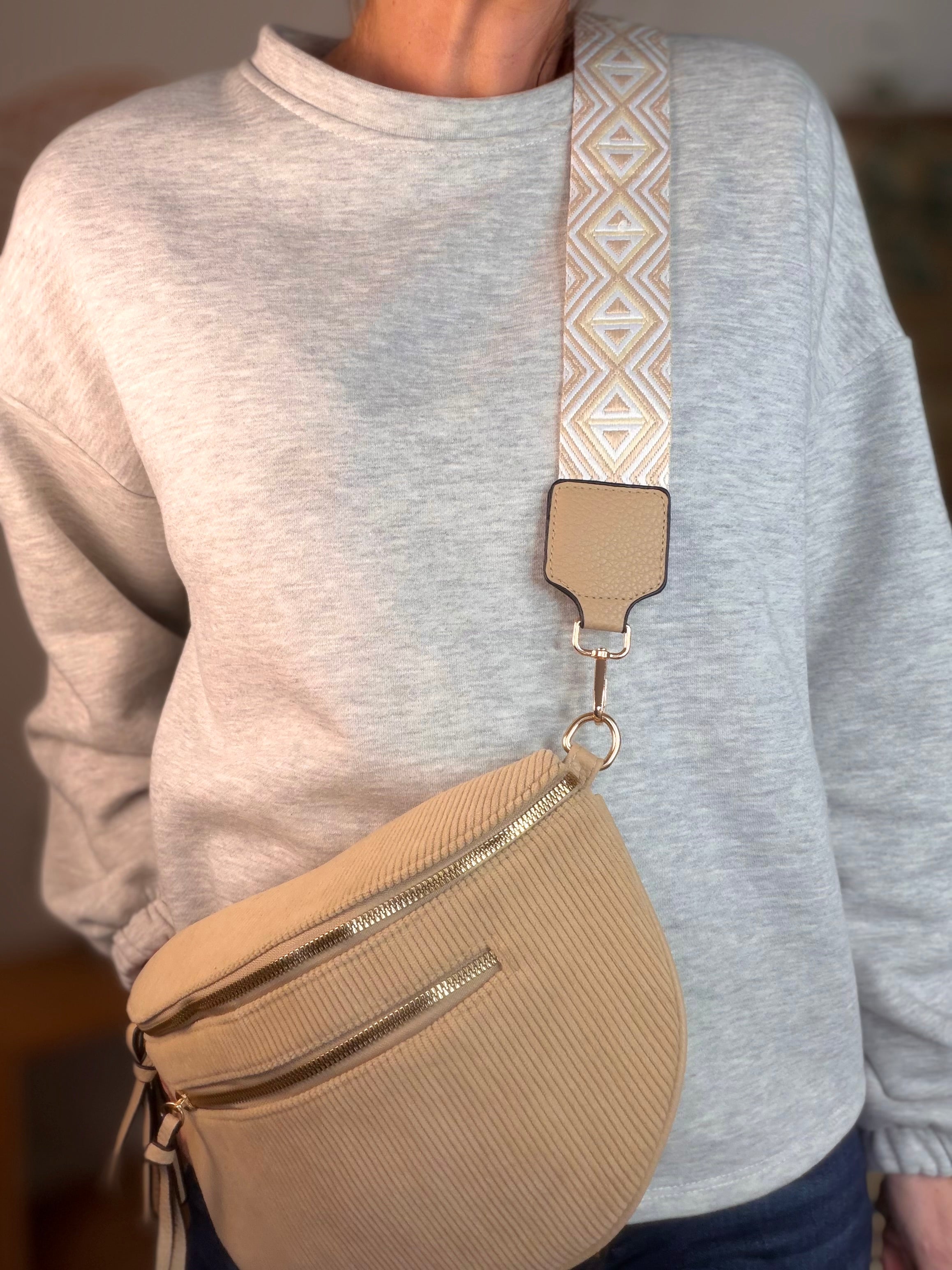 Sac banane en velours côtelé, sangle fantaisie - KATY - Camel clair