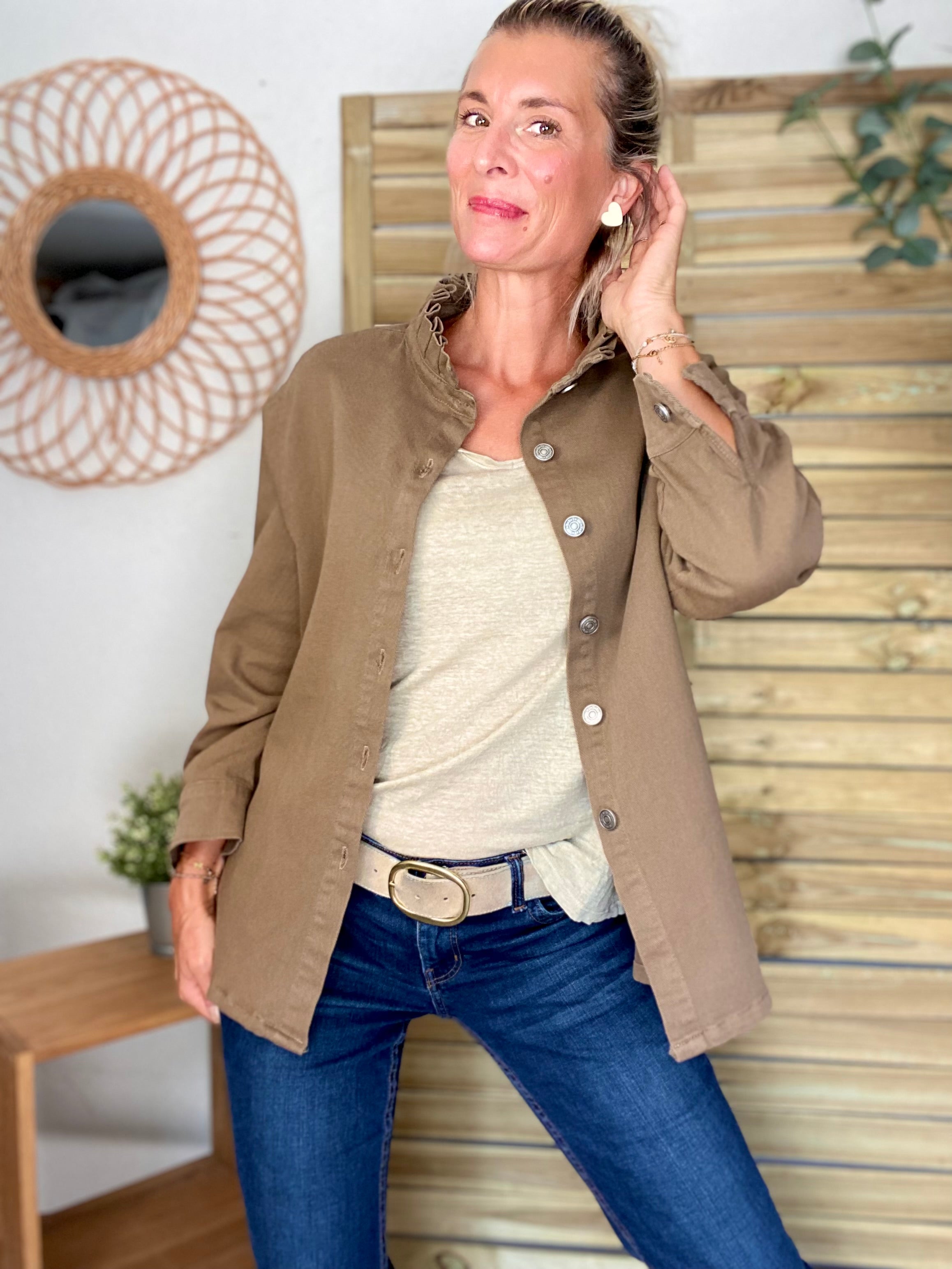 Veste / Chemise en coton, col volanté Camel foncé LISON