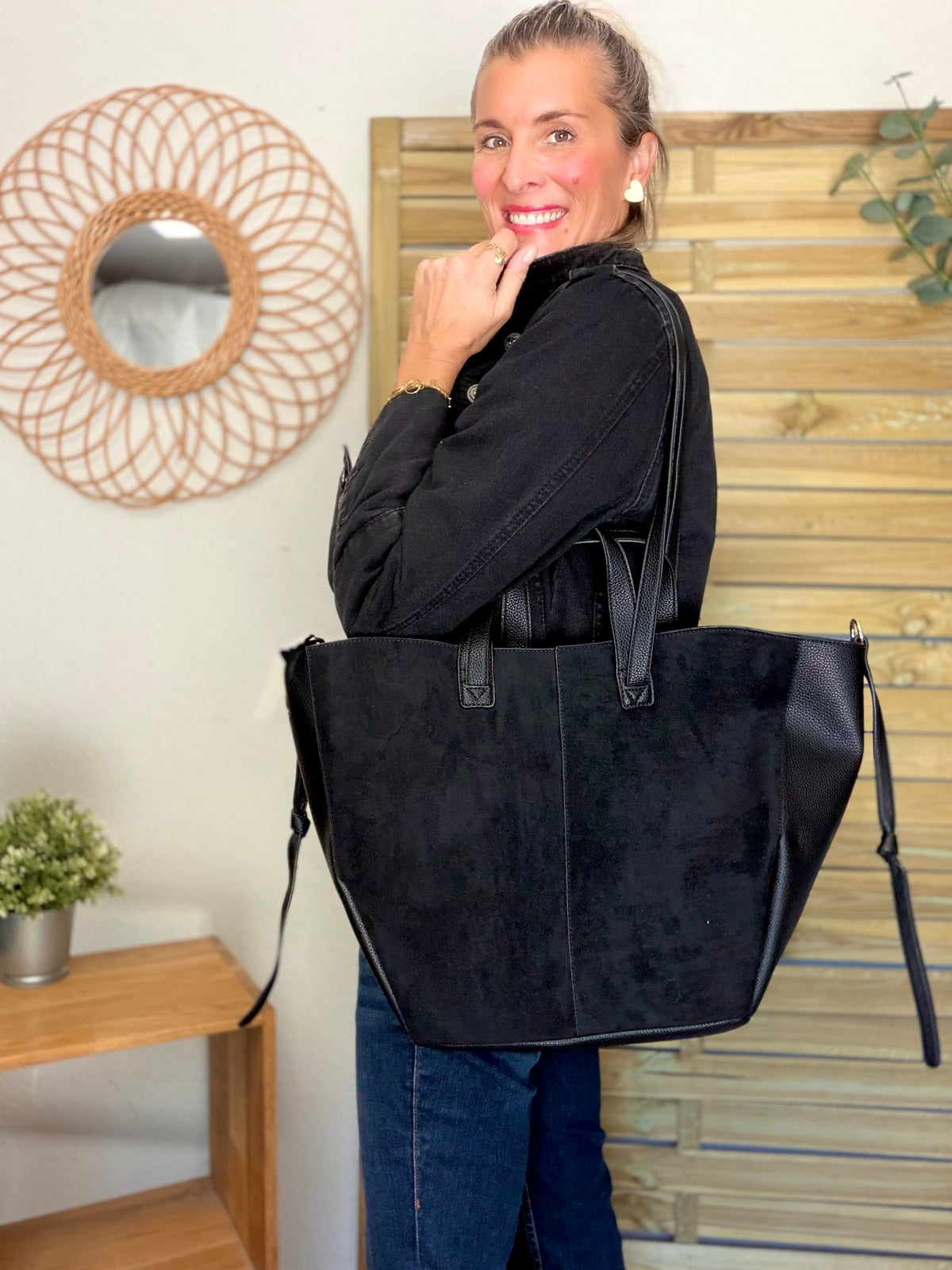 Grand Sac cabas 2 en 1 en simili daim - LAURÈNE Noir