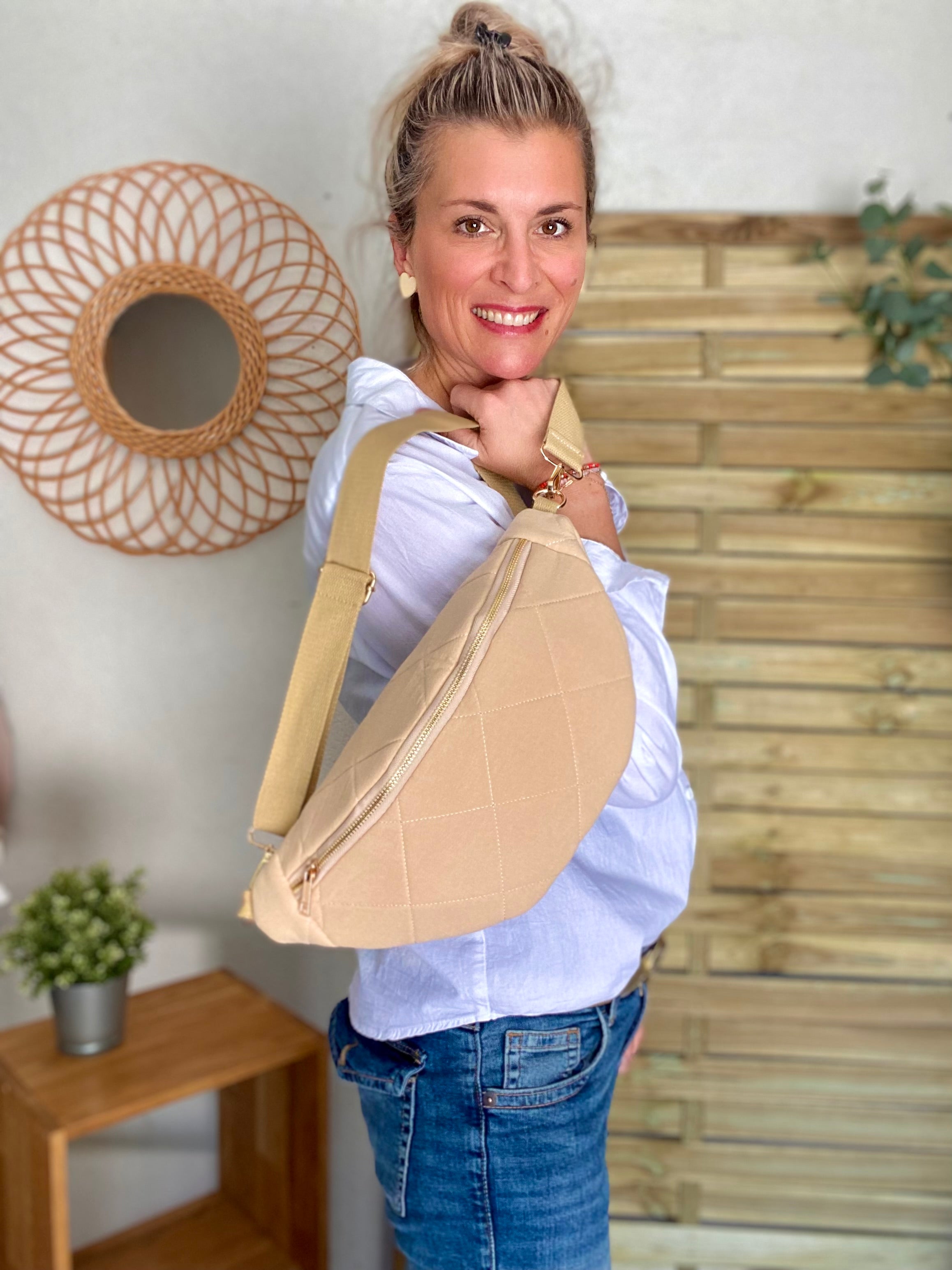 Sac banane XL gaze de coton surpiquée Ciao Boum - CARLY - Beige - FIN DE SÉRIE