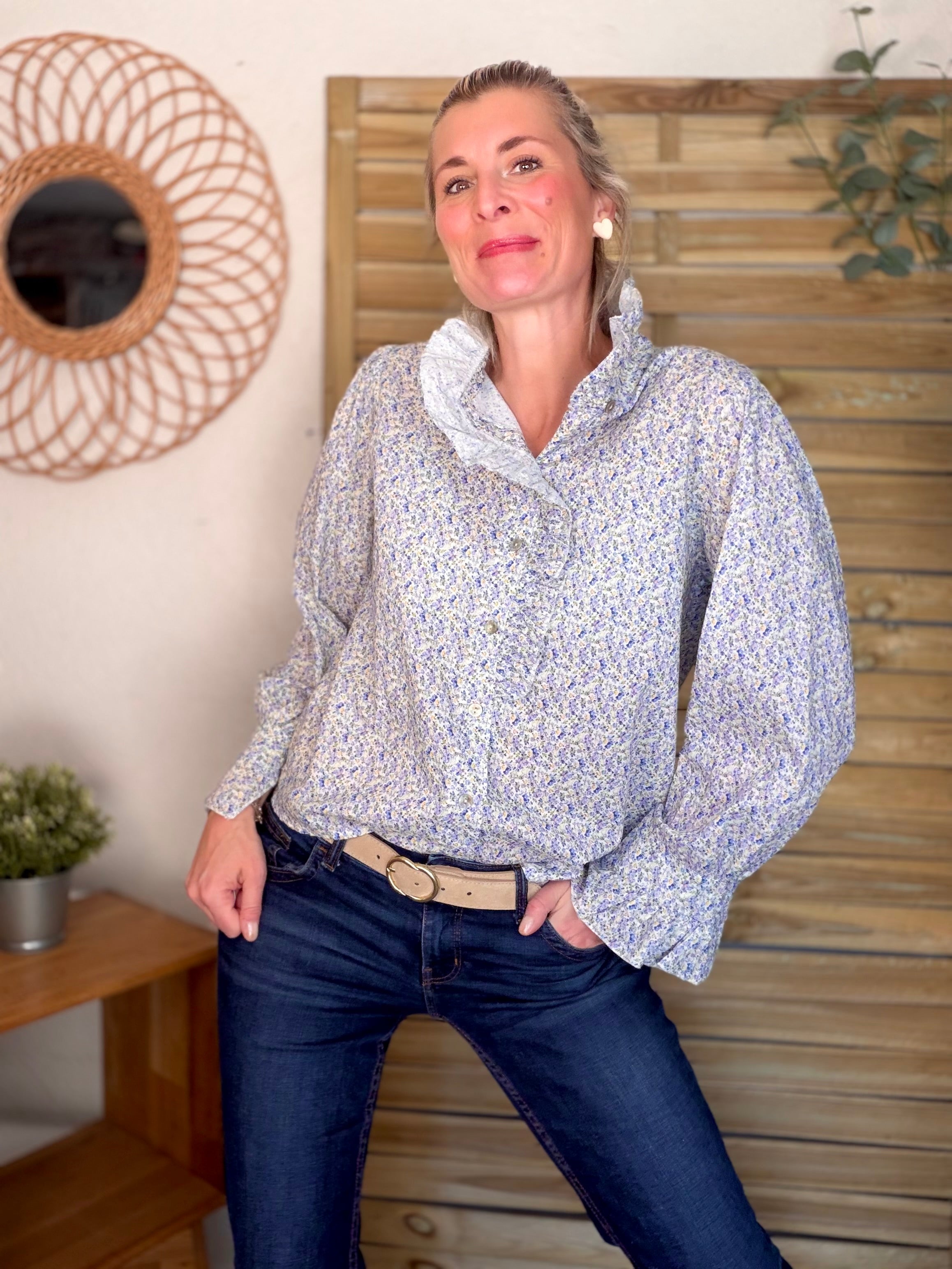 Chemise imprimée Liberty col volanté HÉLOÏSE - Bleu