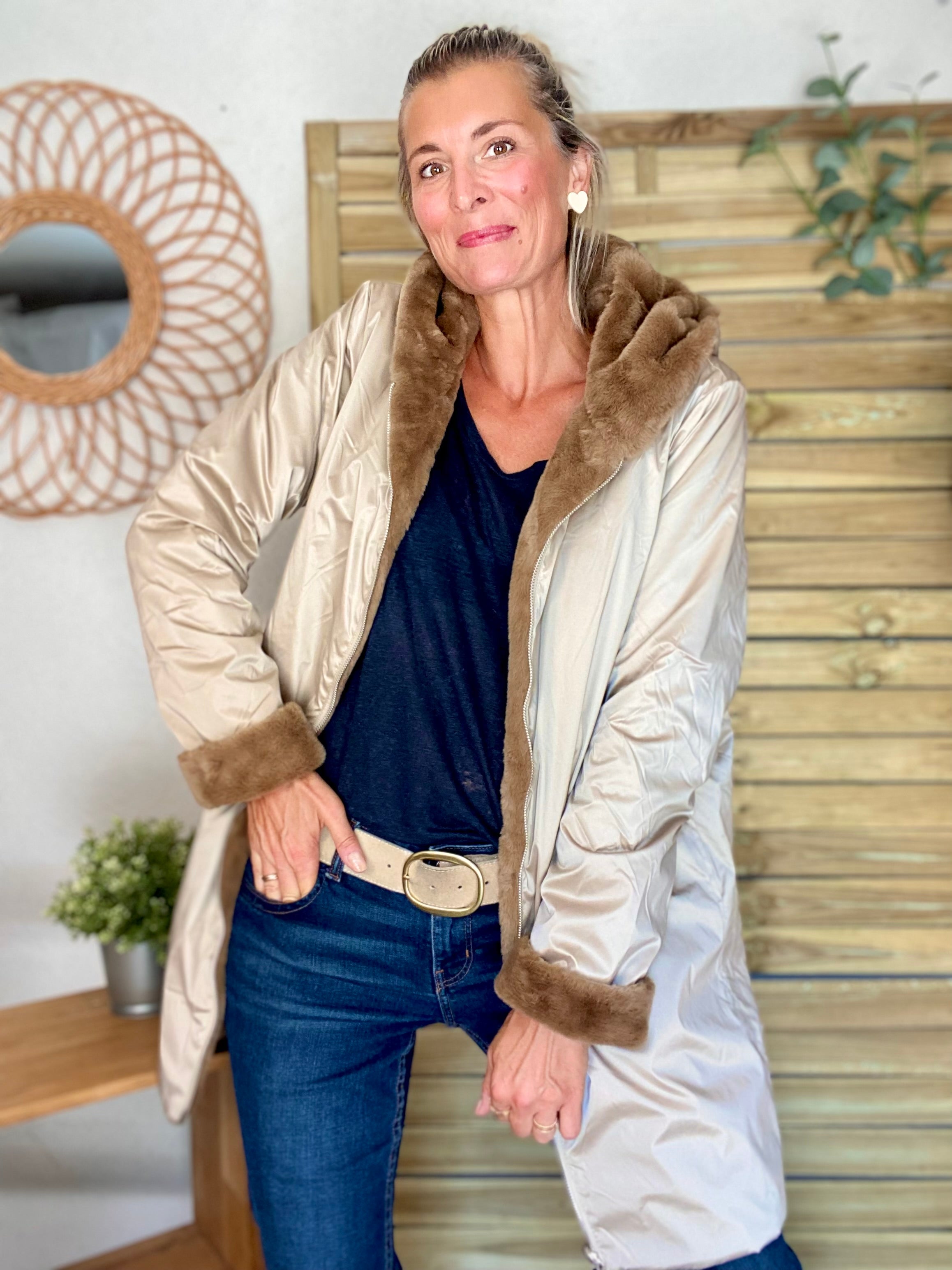 Parka Imperméable réversible fourrée Sable irisé / Camel ALIX - LAURA JO