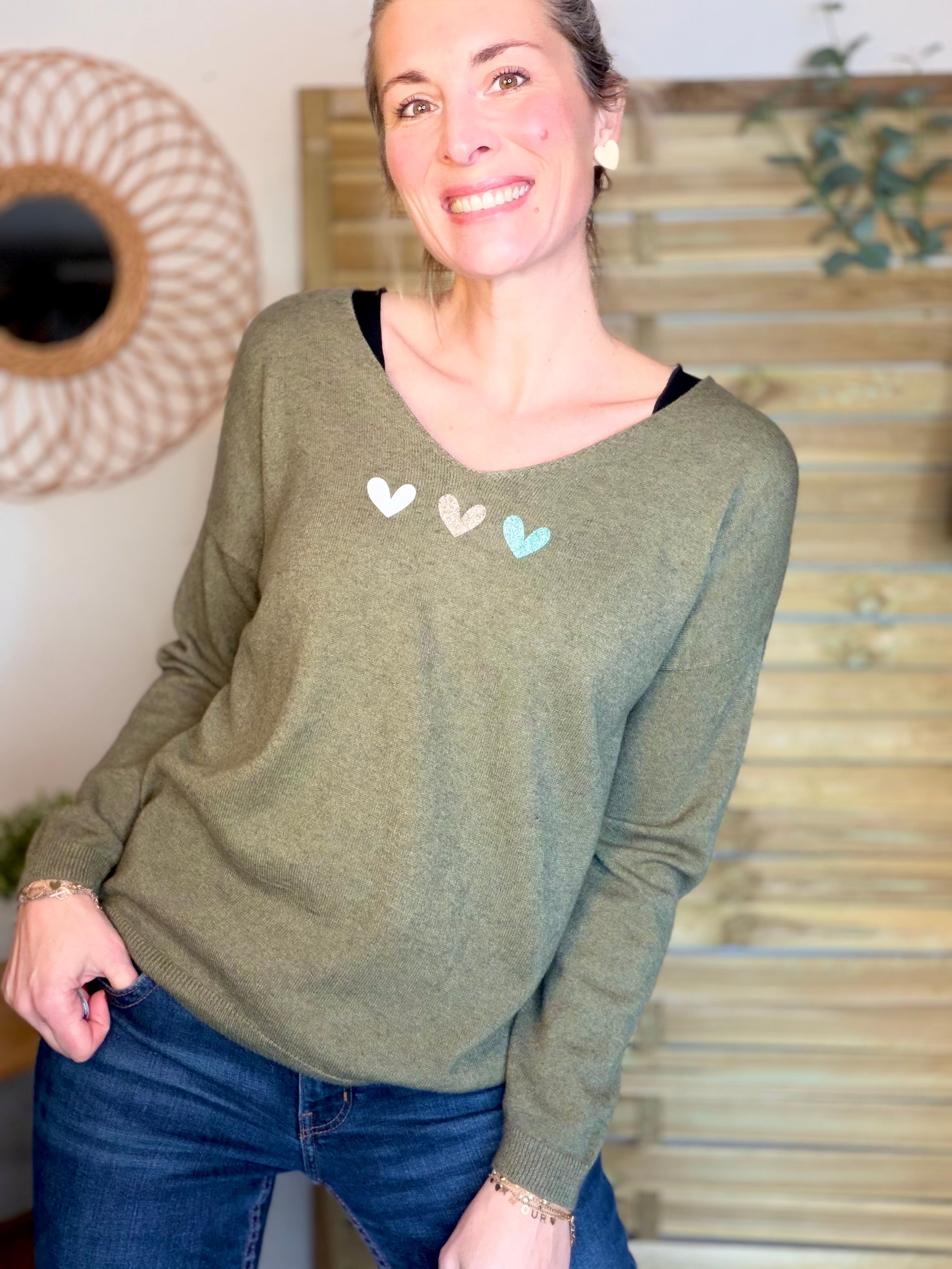 Pull fin 3 cœurs 💛 BERTILLE - Kaki