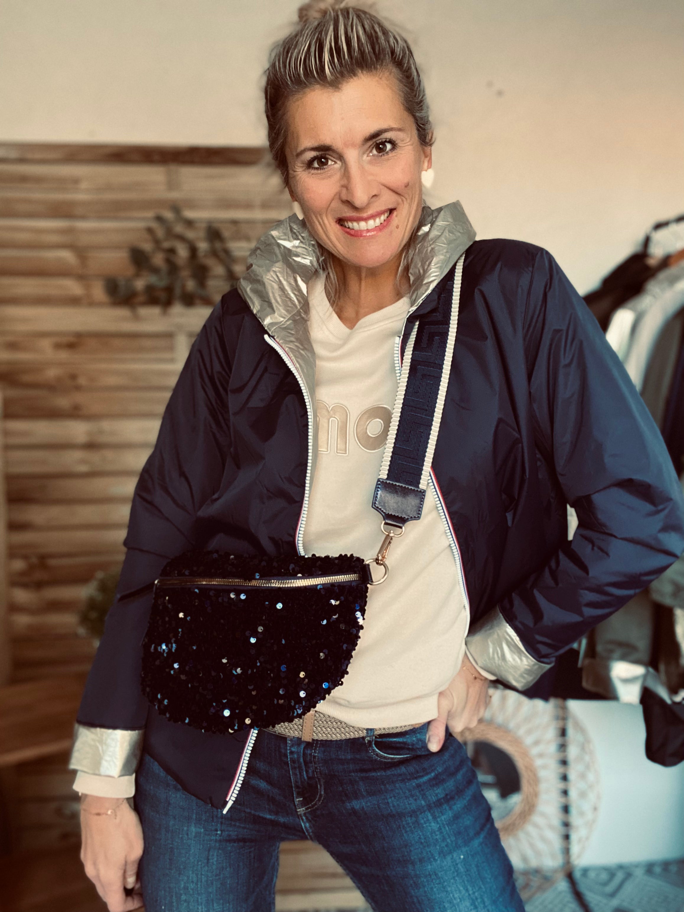 Sac banane L à sequins 30cm et sangle fantaisie - ROXY - Bleu marine