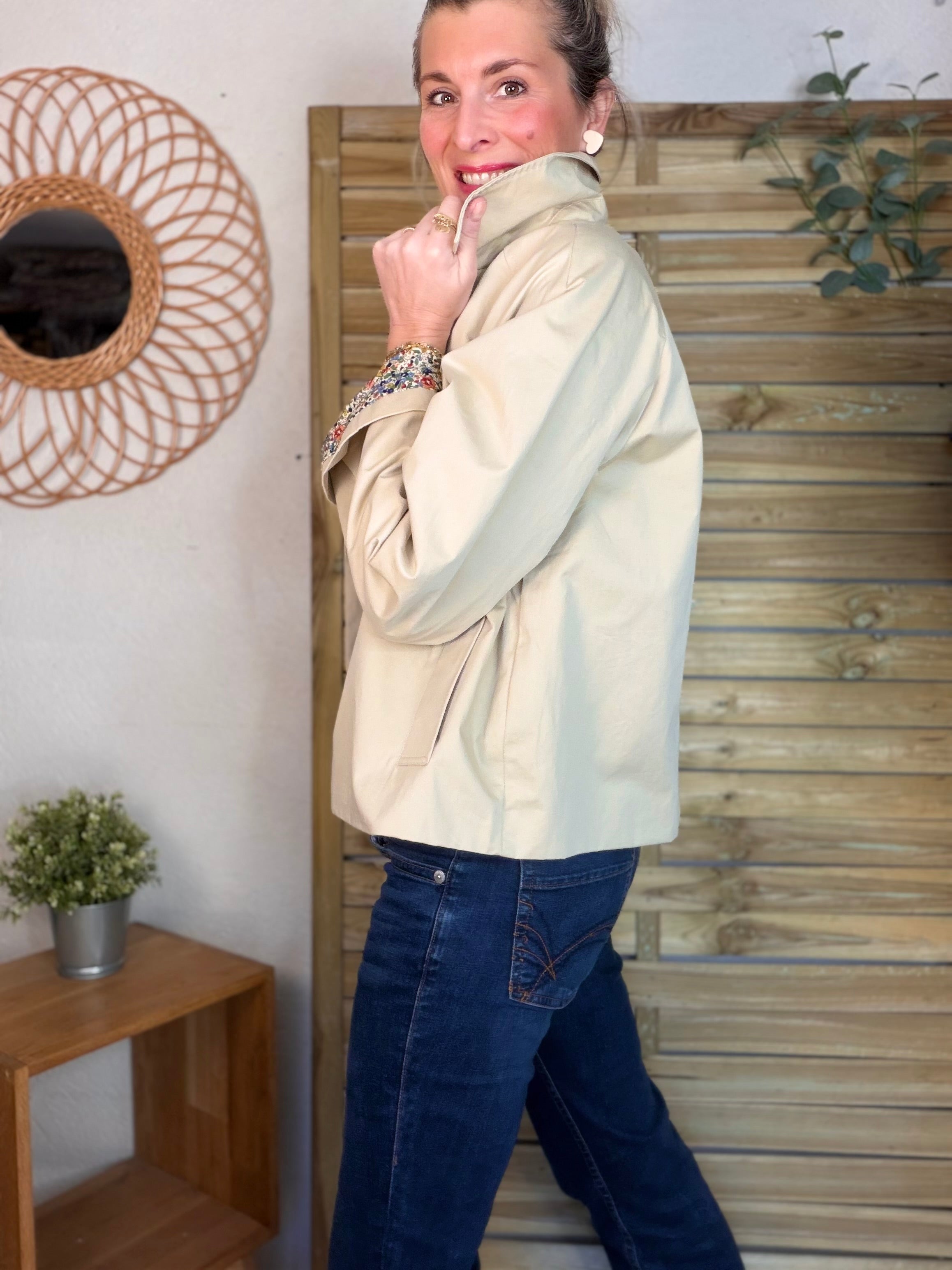 Veste Trench en coton beige avec Liberty - MARION (Taille 2 ans à la Taille L)