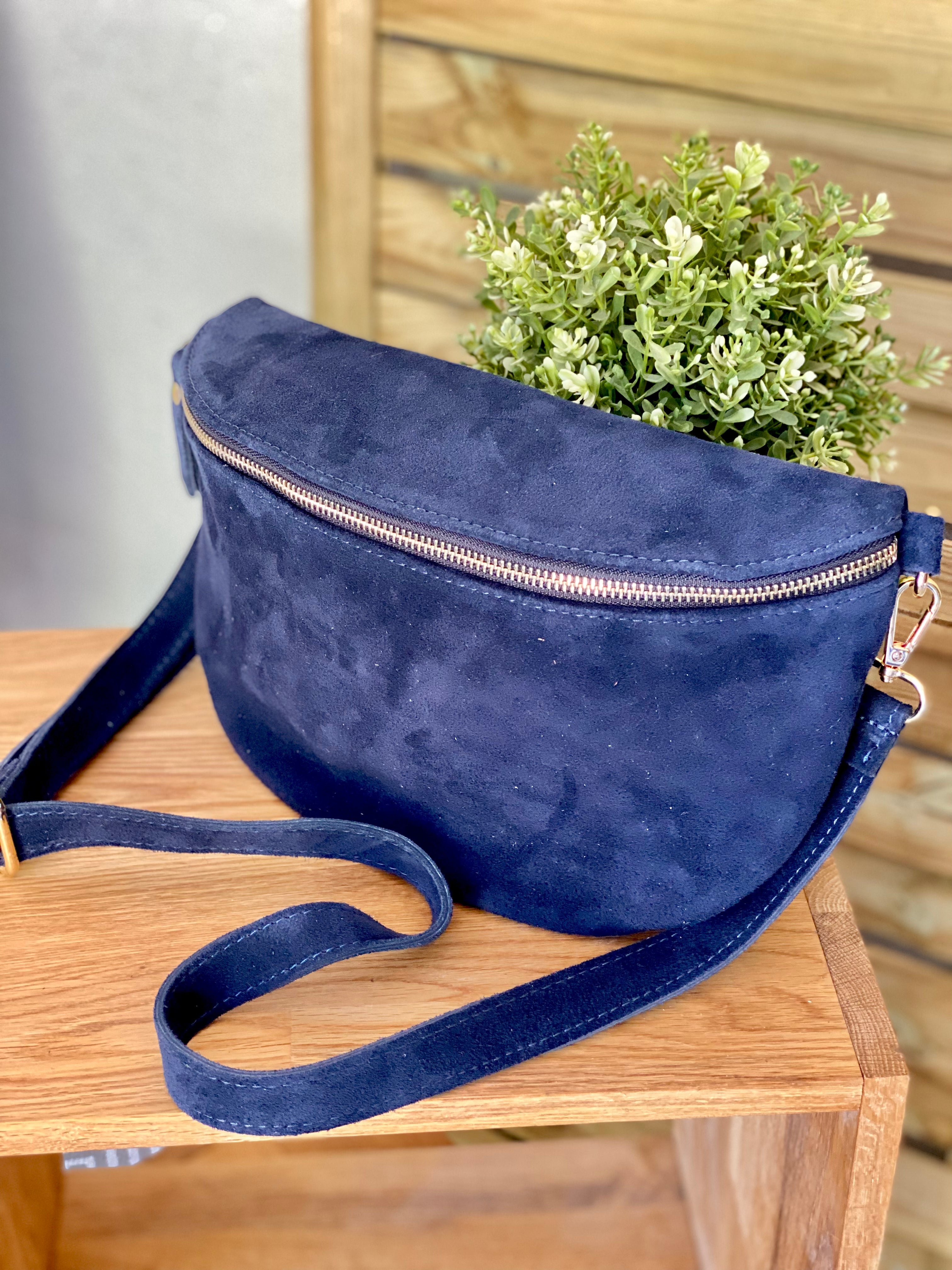 Sac banane XL en cuir velours 30cm JUDY - Bleu marine (7 coloris)