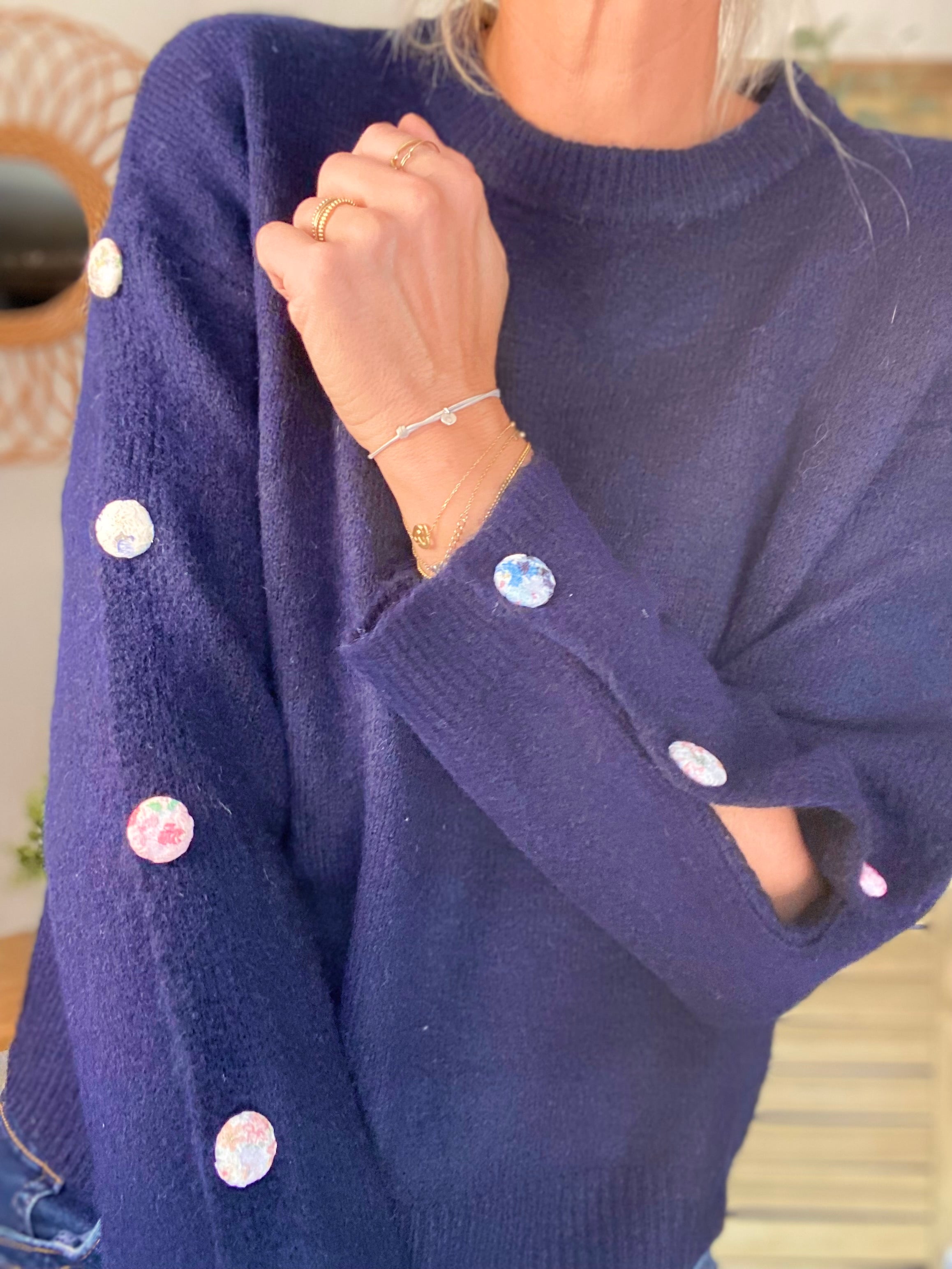 ⚡️ PÉPITES FRIDAY - Pull boutons tissu fleuri - Bleu marine - HAZEL