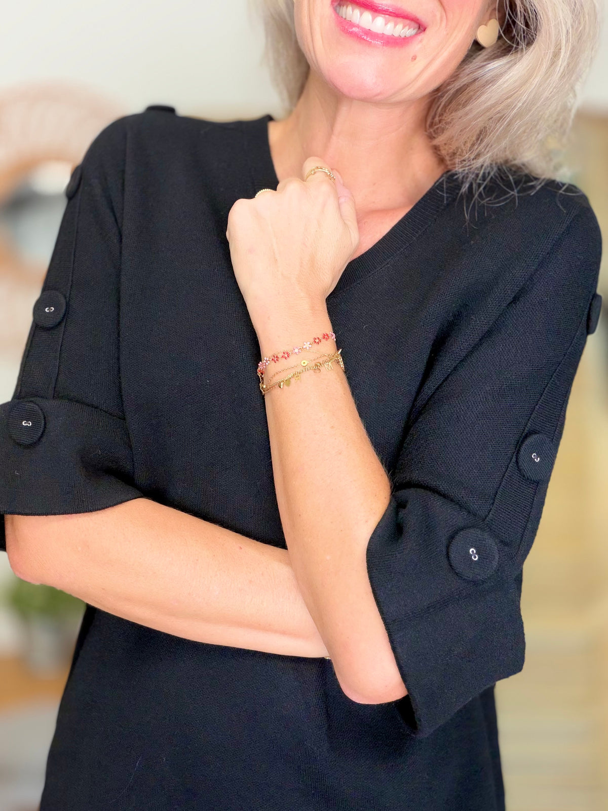 Pull long, col V, ornements boutons CHIARA Noir