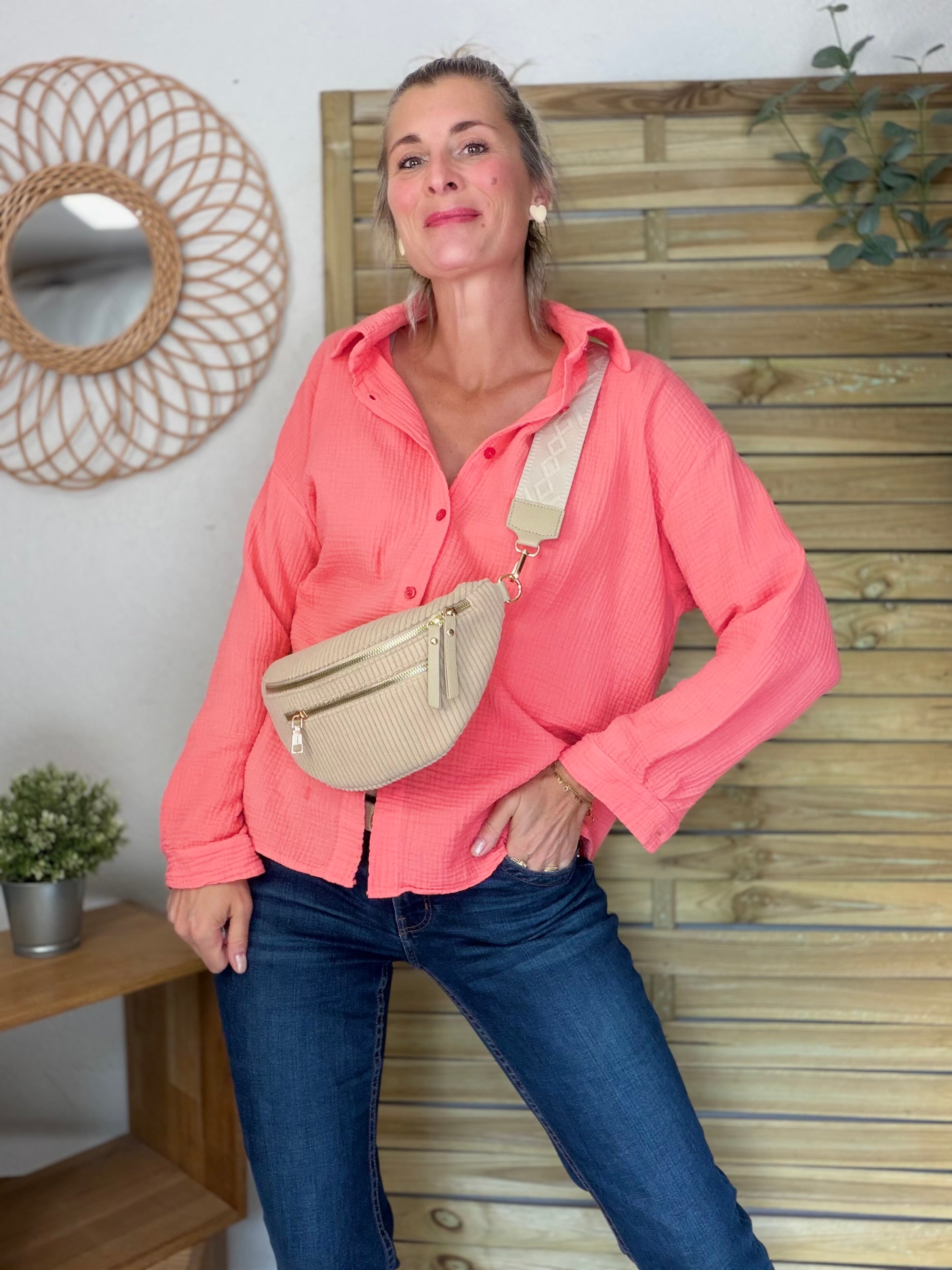 Sac banane en velours côtelé 2 zips et sangle fantaisie - CHARLY Beige