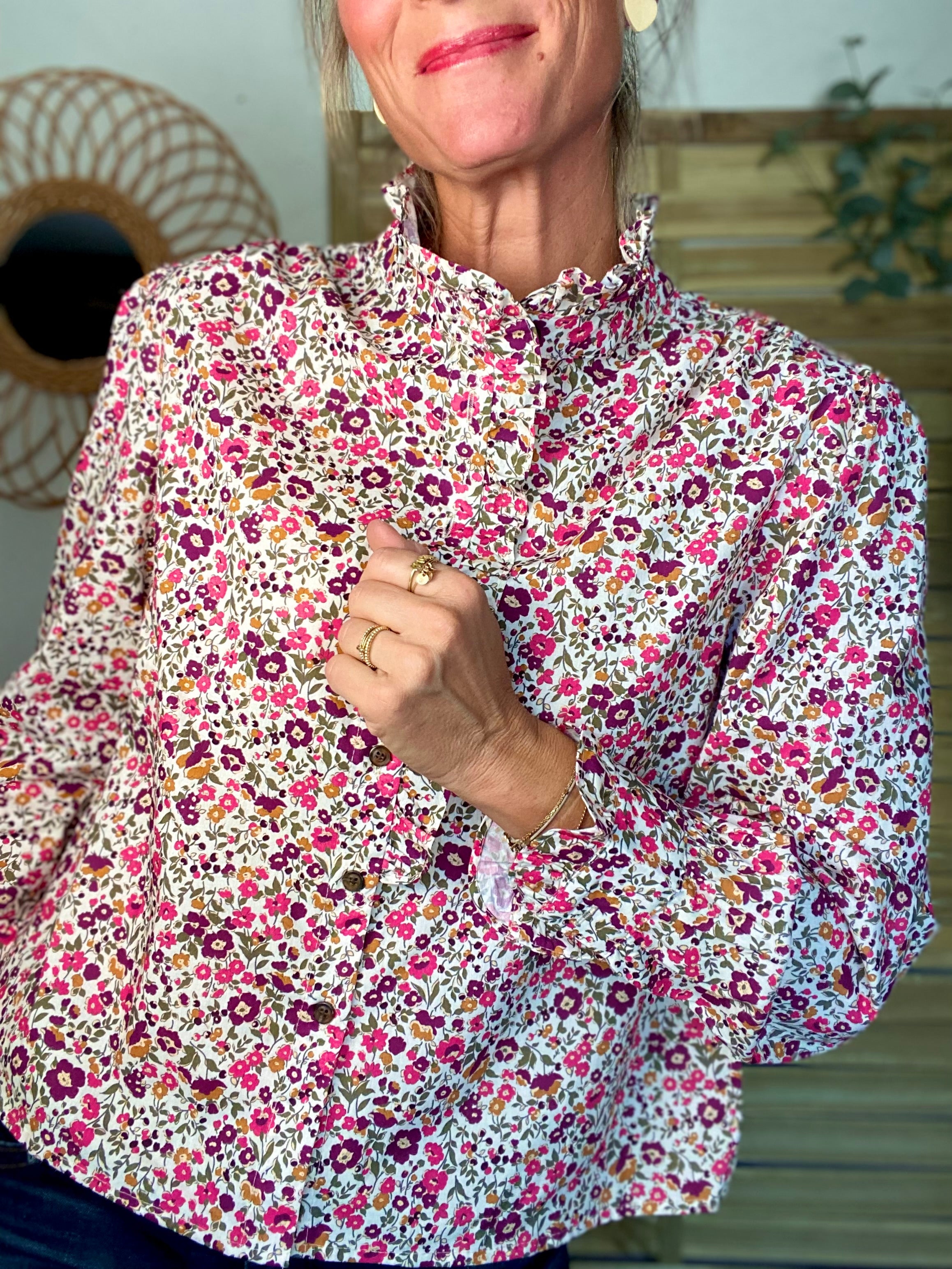 Chemise imprimé Liberty rose, col victorien volanté HÉLOÏSE