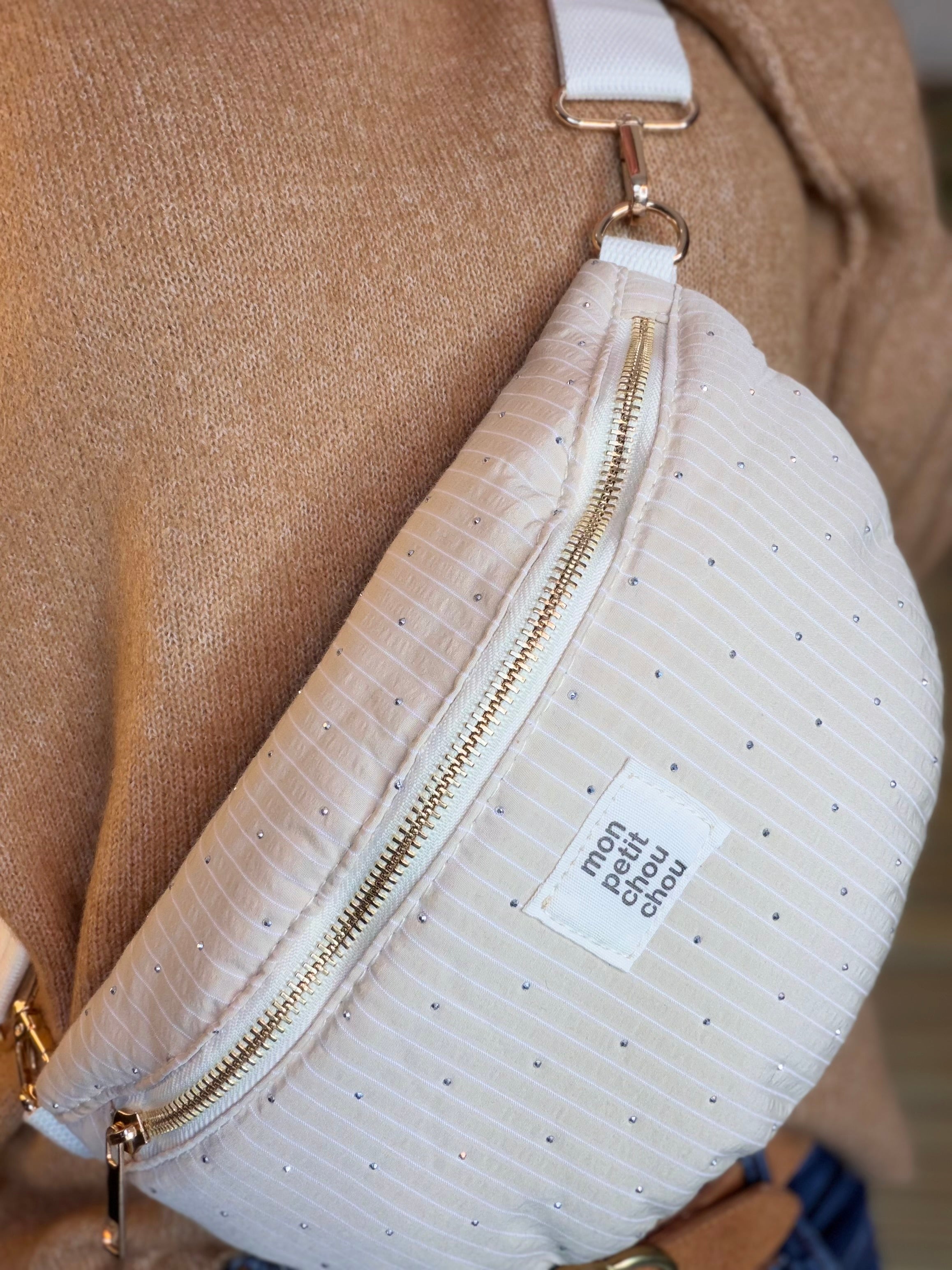 Sac banane avec strass BONNIE - Rayée beige