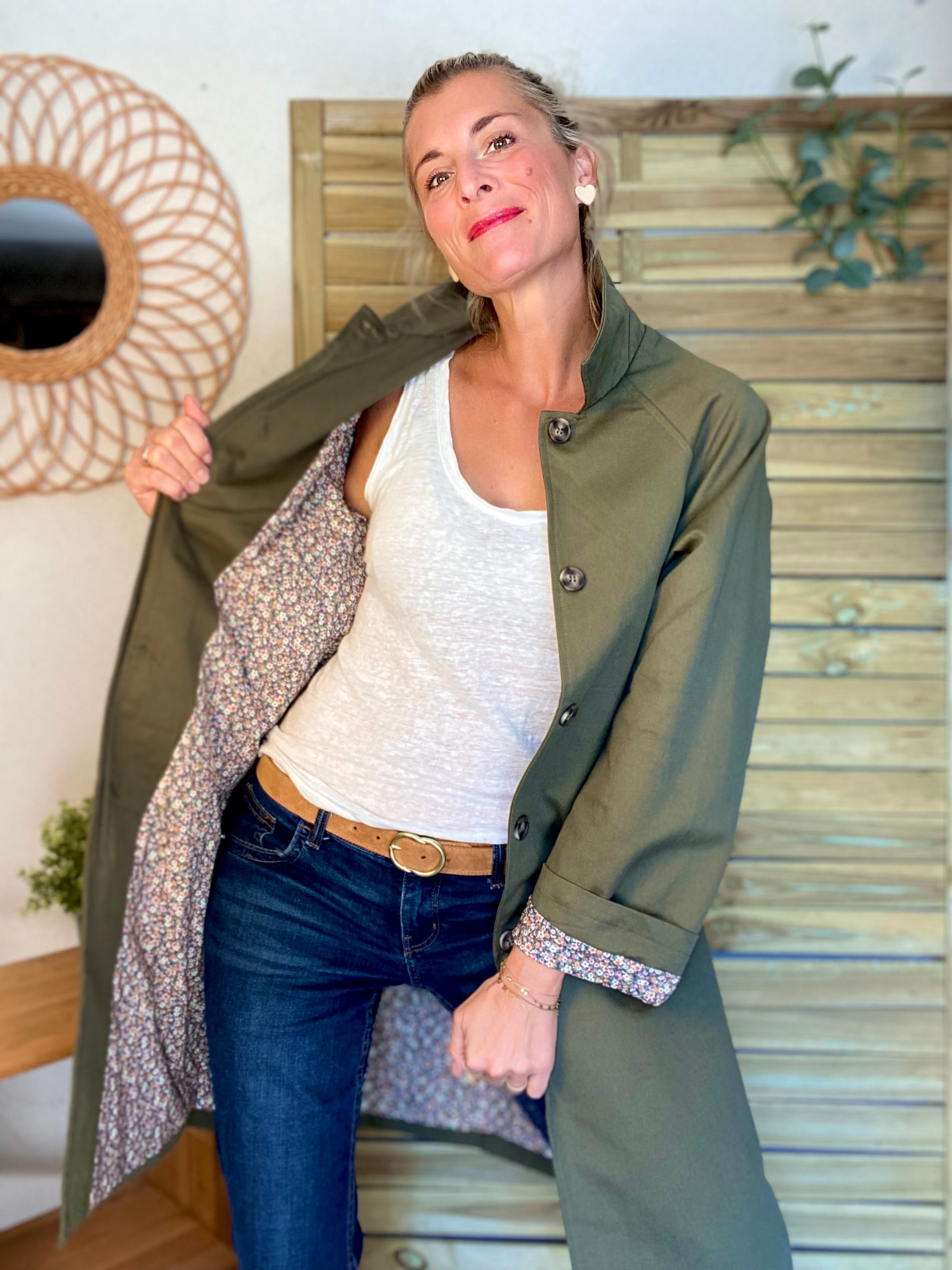 Veste Trench en coton kaki avec Liberty - MAHAUT LONG