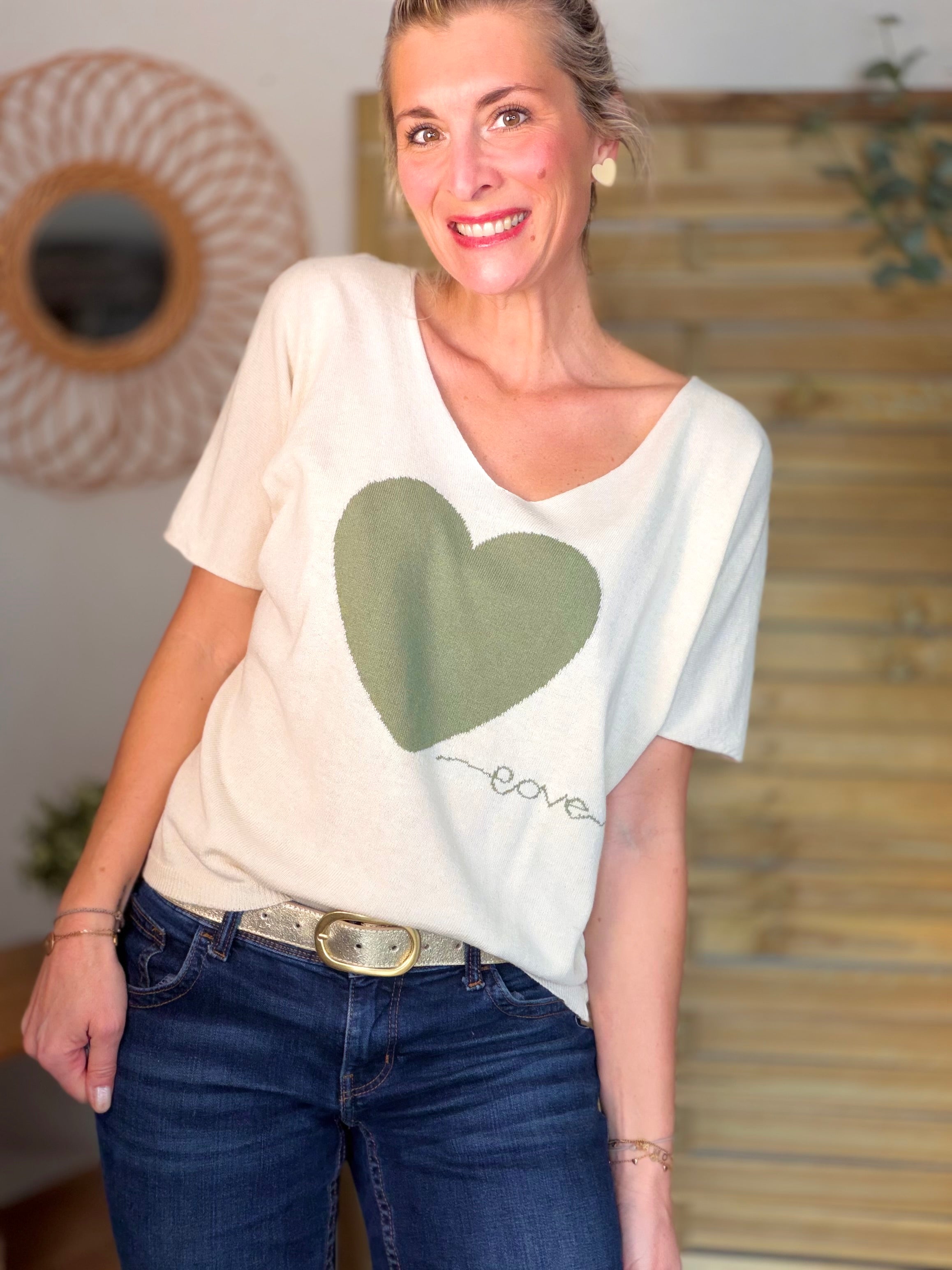 Pull fin col V gros cœur vert sauge 💚 PÉNÉLOPE