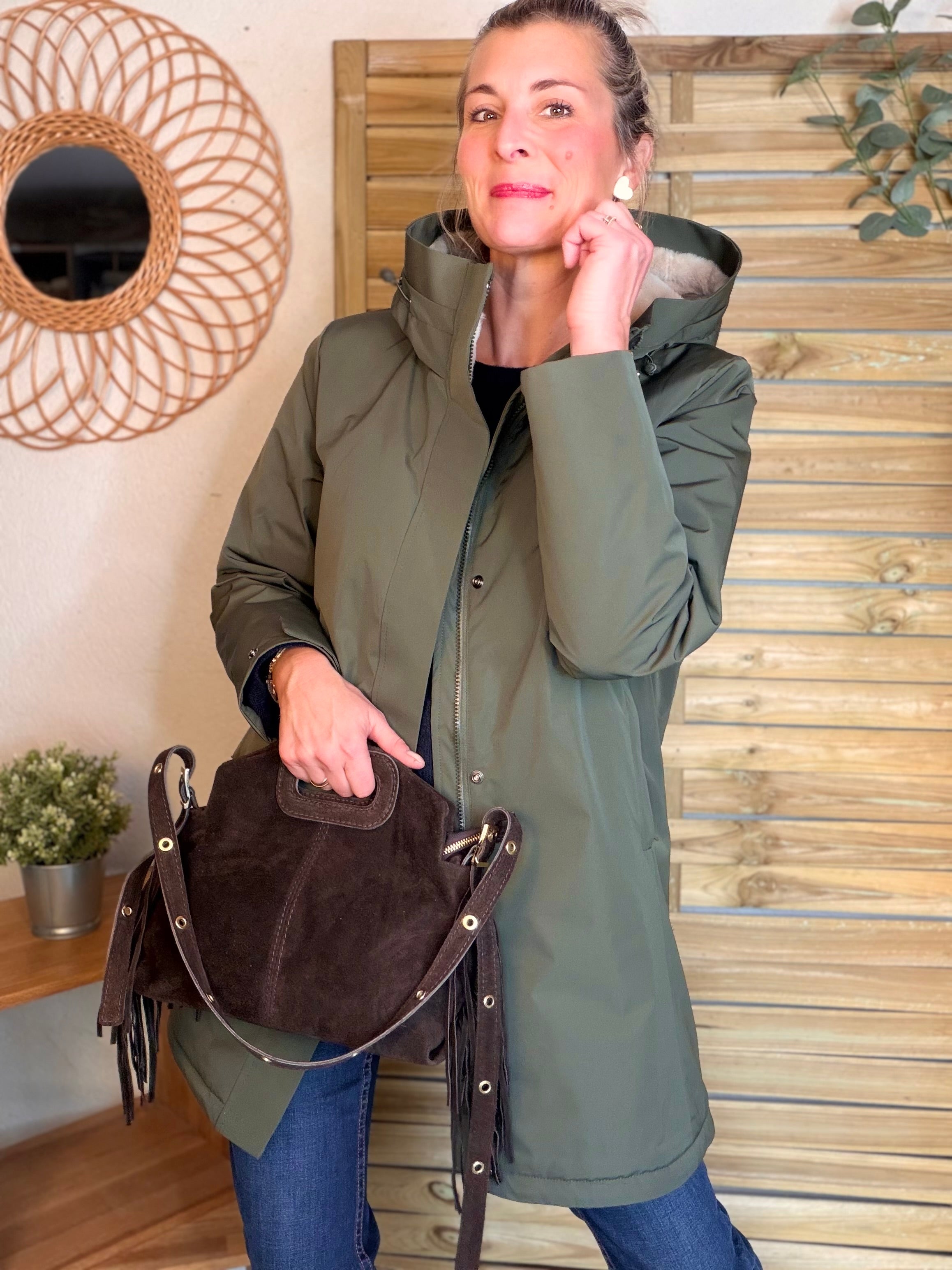 Sac en cuir daim avec franges LOGAN - Chocolat