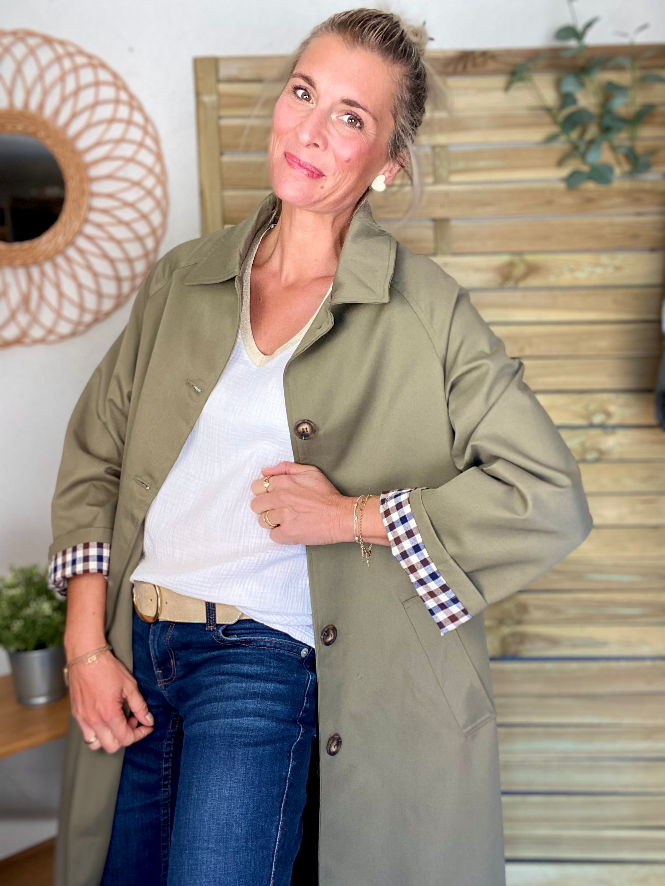 Veste Trench en coton avec vichy - YSEULT long Kaki
