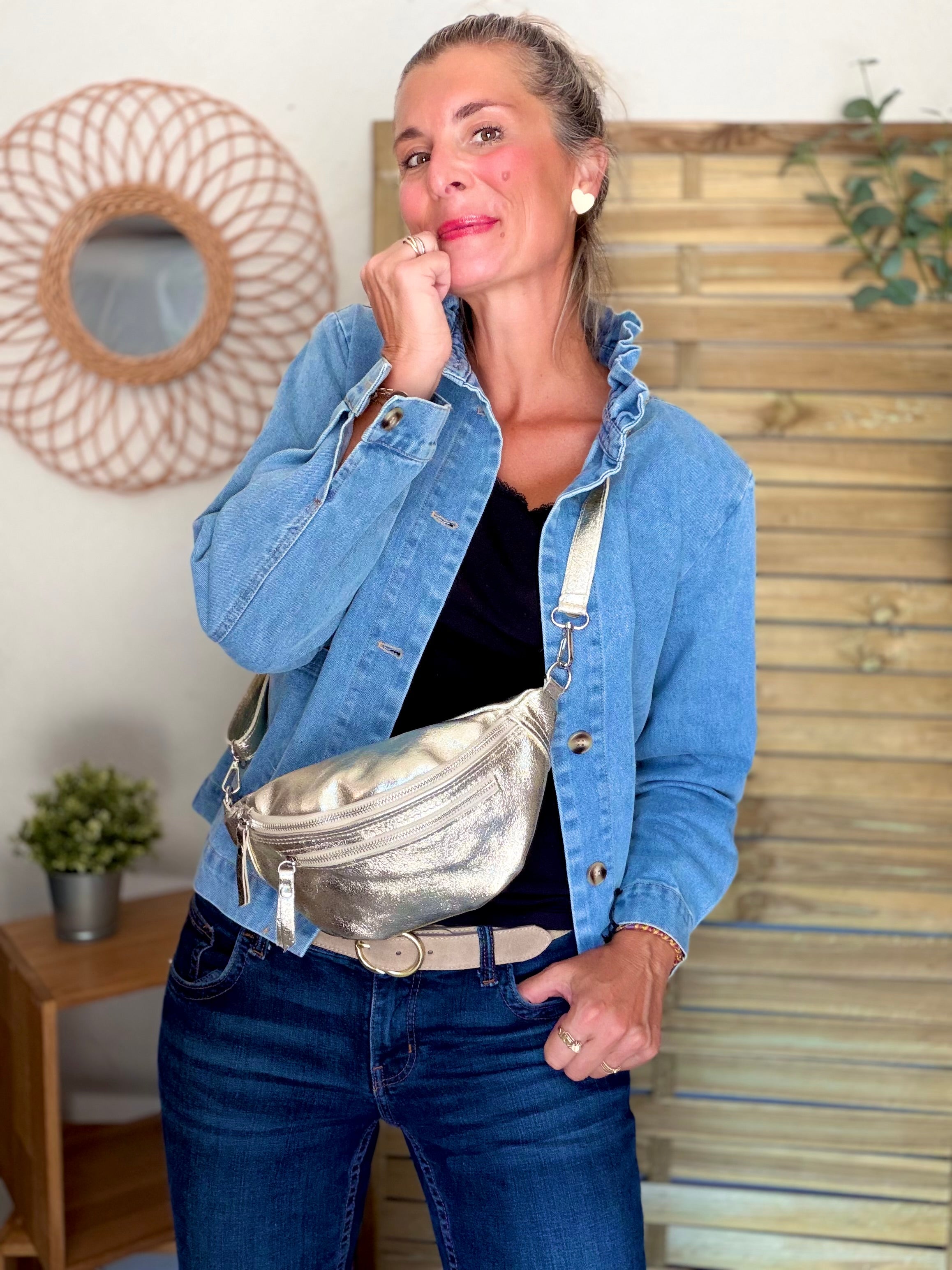 Sac banane en cuir irisé double poche - OPALE - Doré / argent
