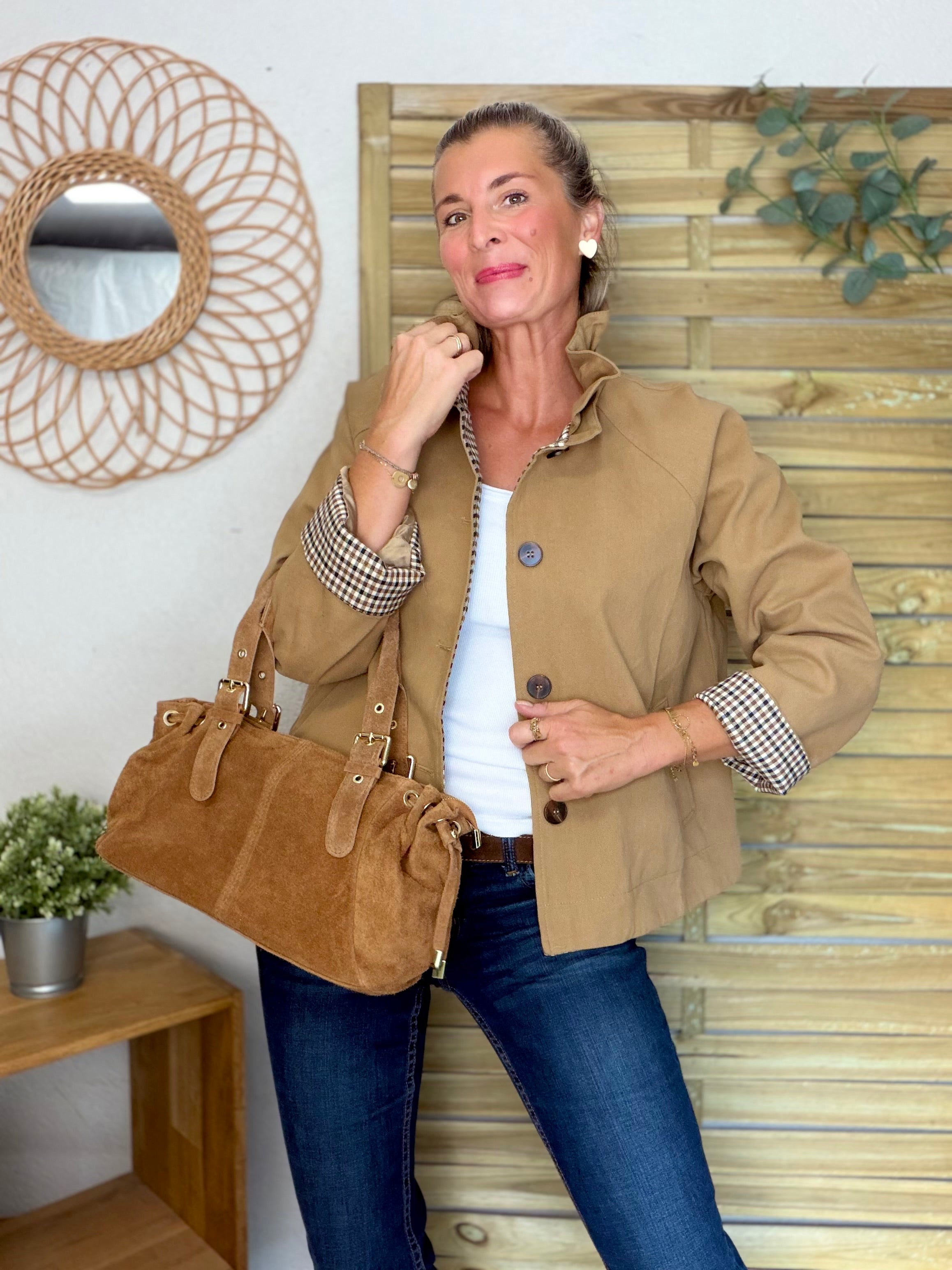 Veste toile coton col victorien avec vichy - GABY