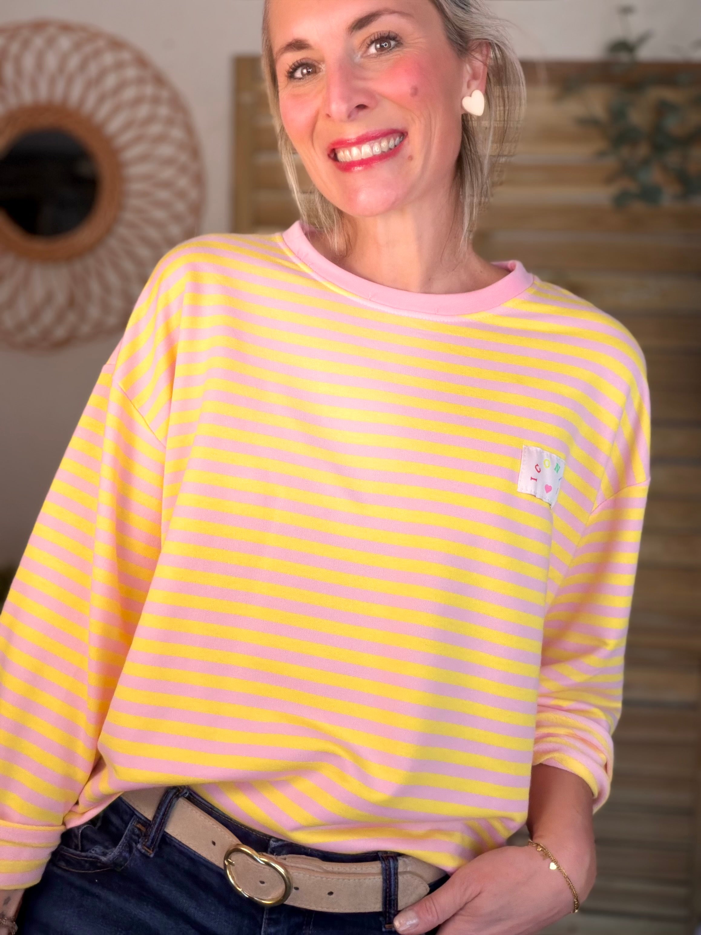 Sweat fin rayé ample Iconic CORALIE - Rose / Jaune