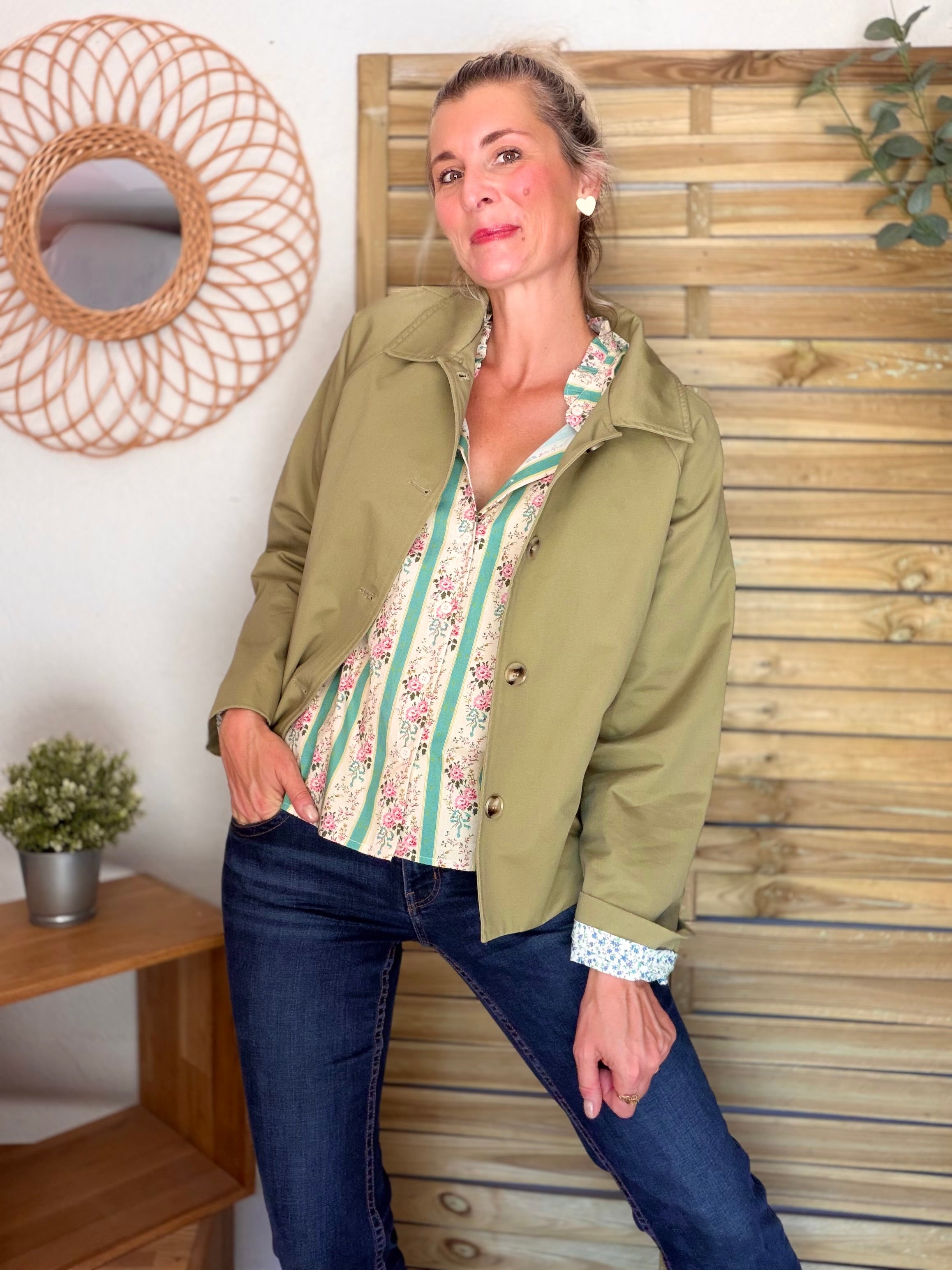 Blouse fleurie rayures VALENTINE vert céladon