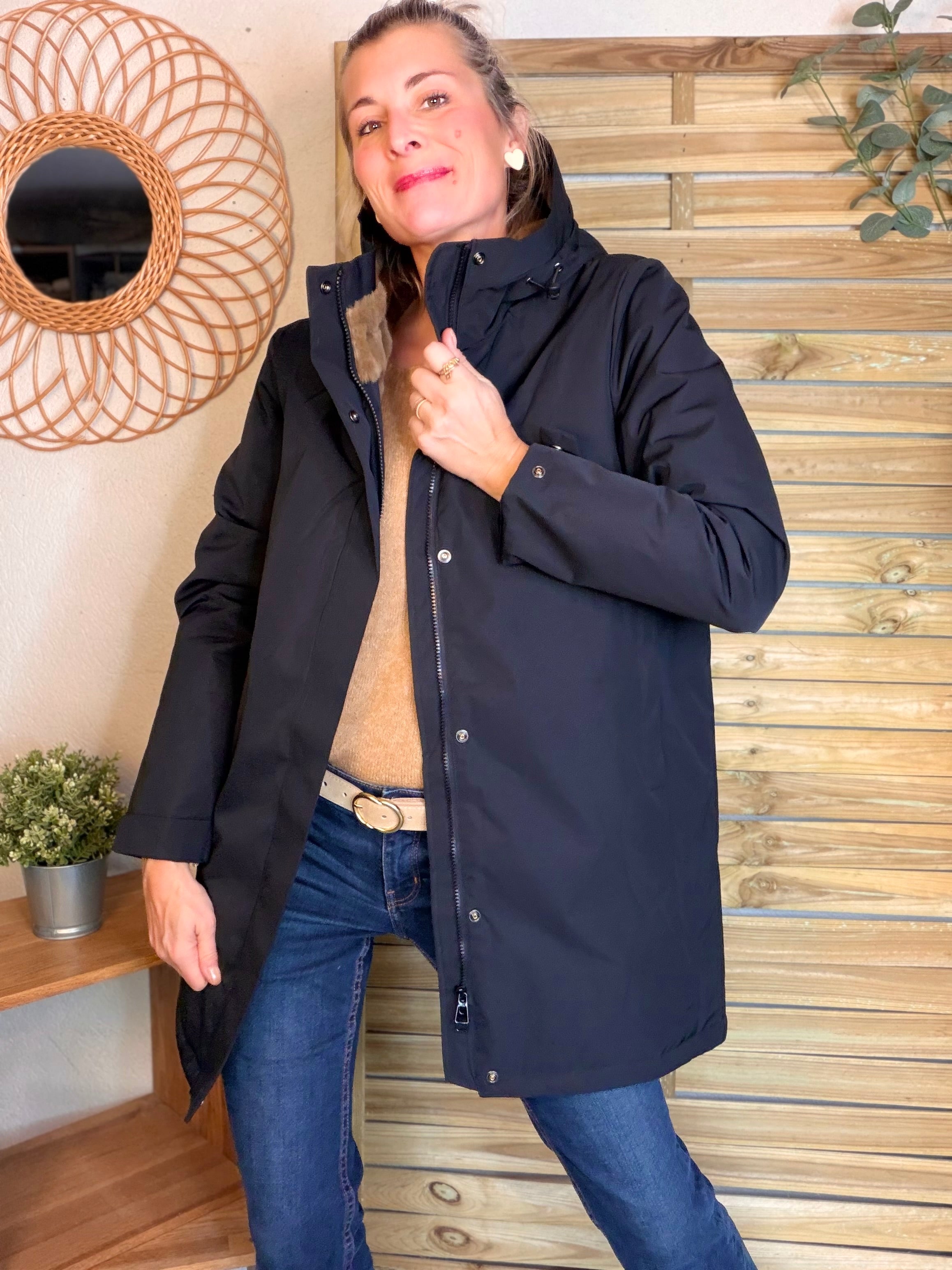 Parka fourrée imperméable AMBRE - Noir / Camel - LAURA JO