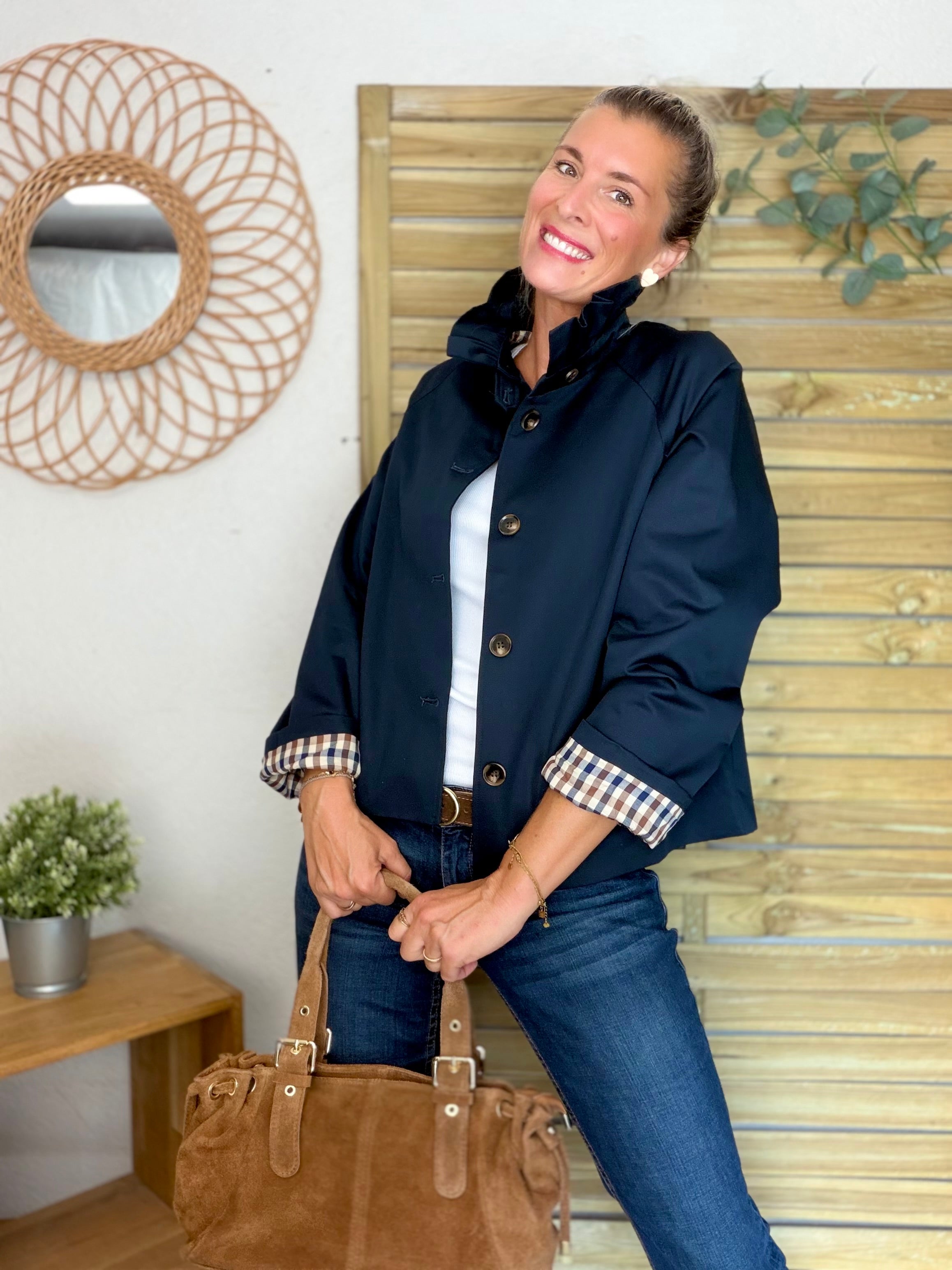 Veste Trench col victorien, doublure carreaux - VICTORIA Bleu marine