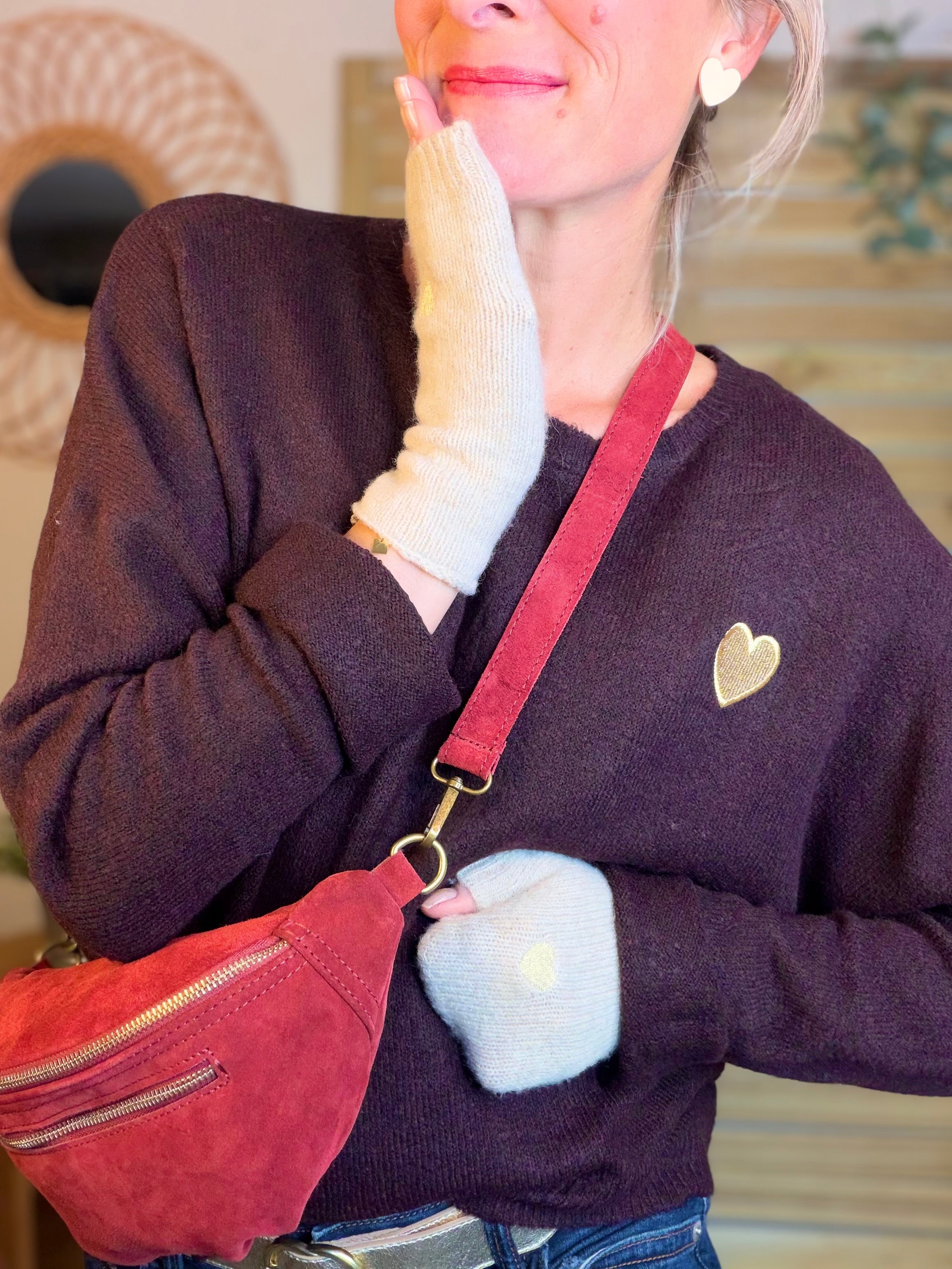 Pull léger en maille cœur doré brodé 💛 MELISSA - Aubergine