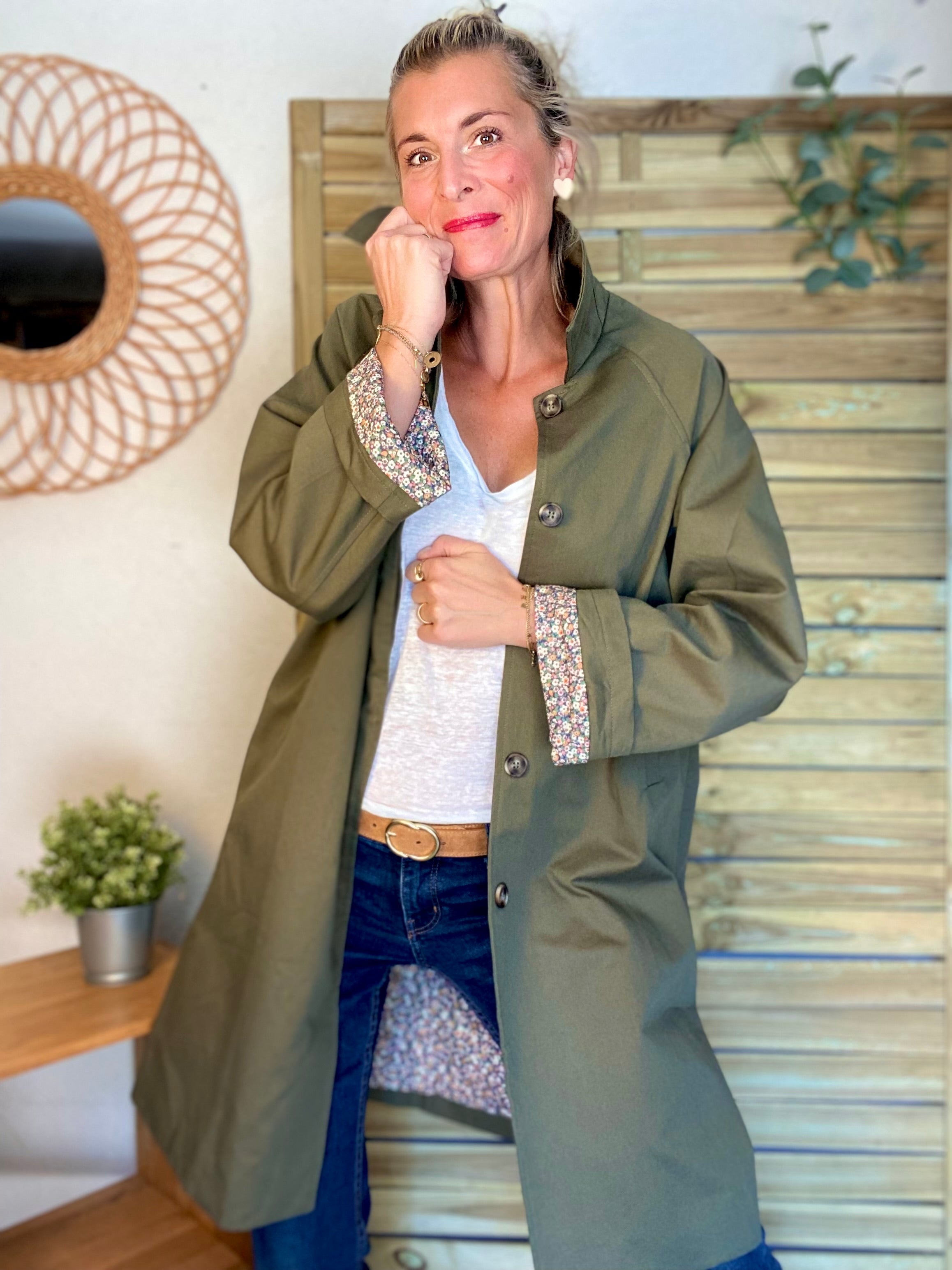 Veste Trench en coton kaki avec Liberty - MAHAUT LONG