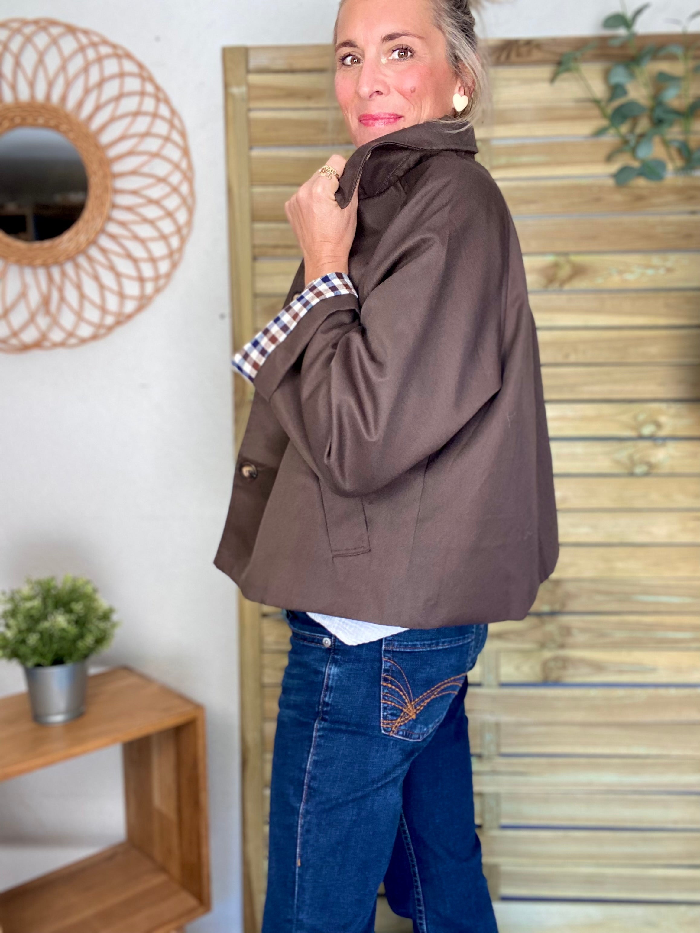 Veste Trench en coton avec vichy - YSEULT court Chocolat