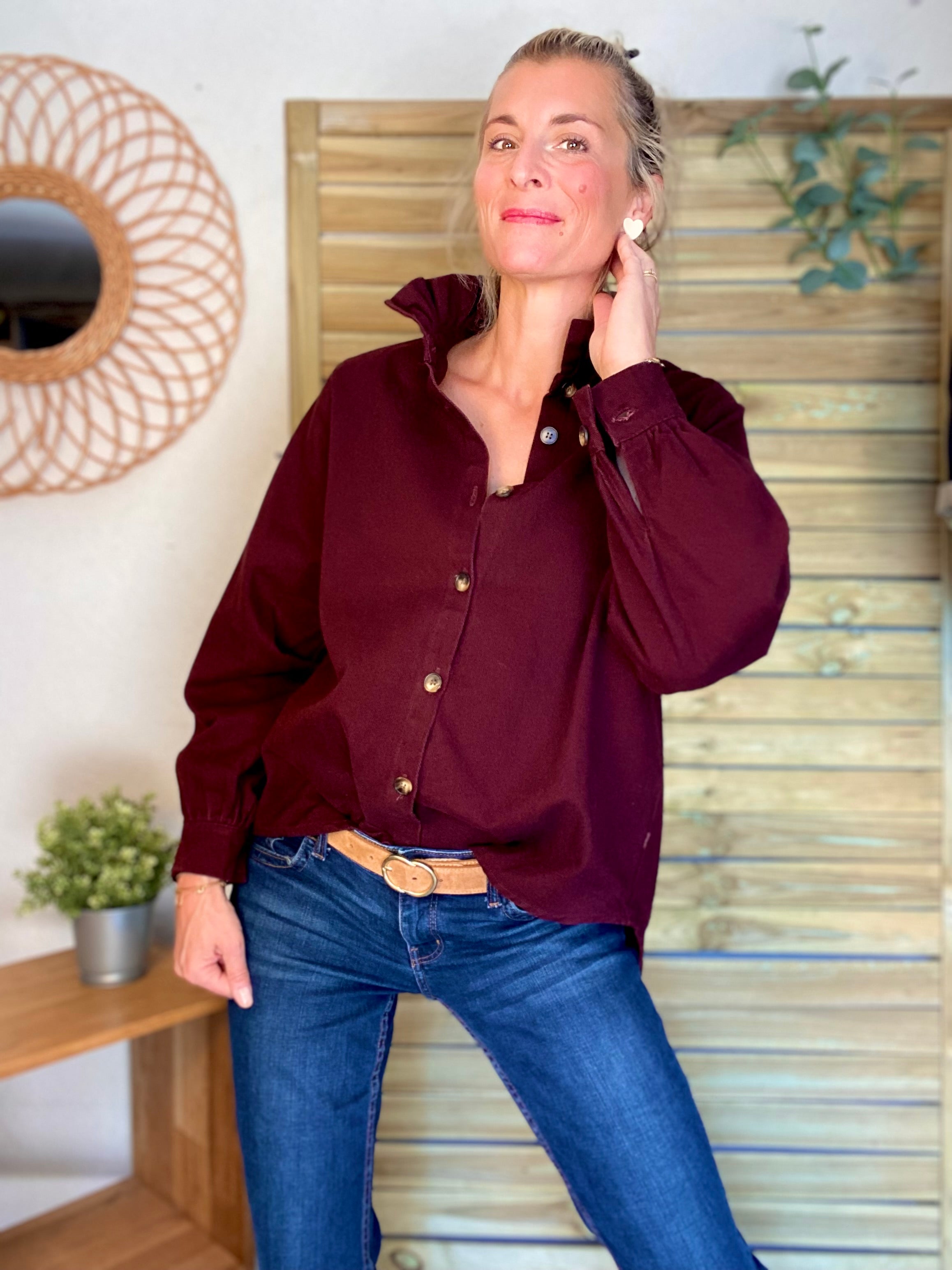Veste / Chemise en coton, col victorien volanté LISA - Prune