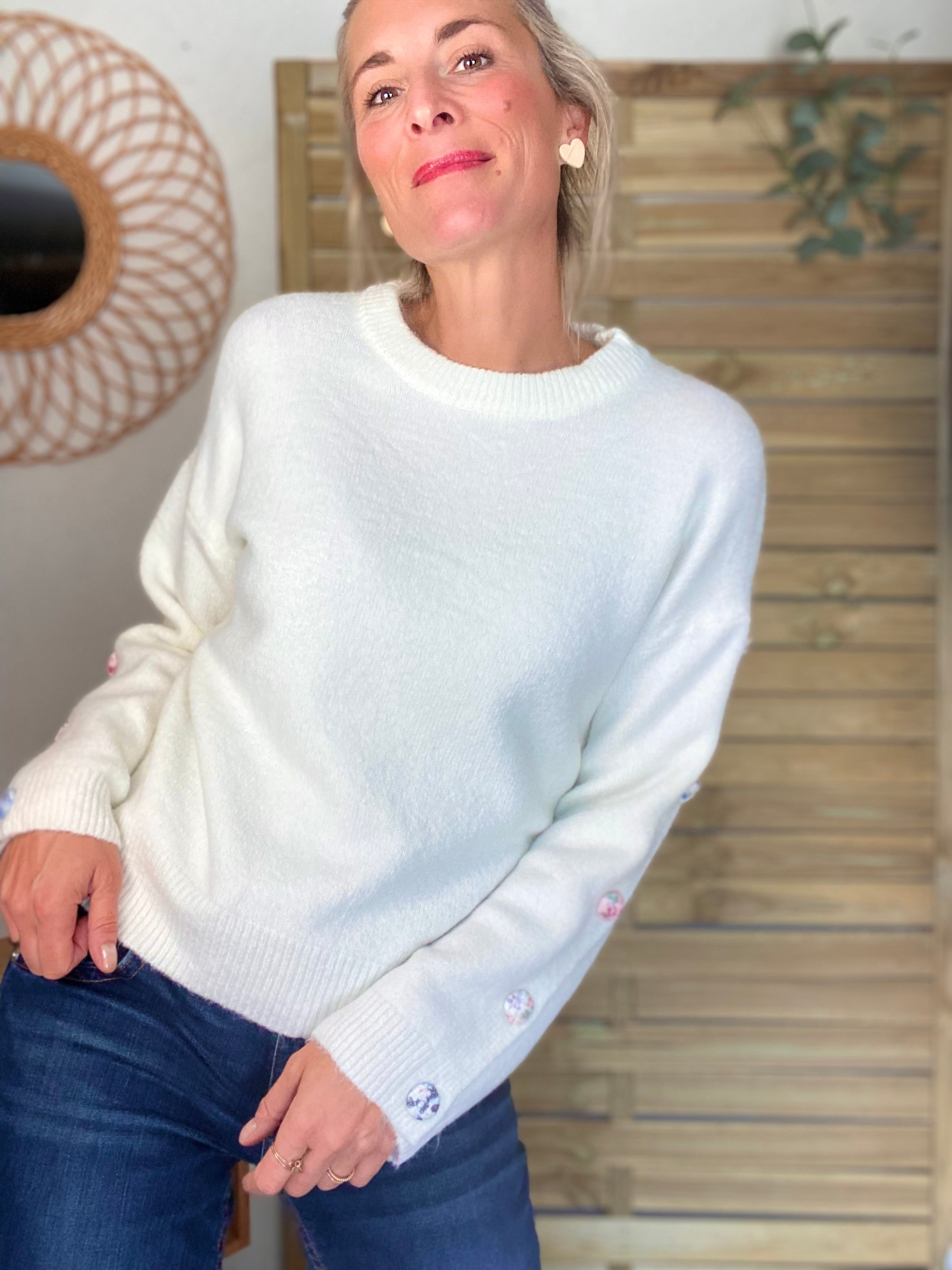 ⚡️ PÉPITES FRIDAY - Pull boutons tissu fleuri - Blanc - HAZEL