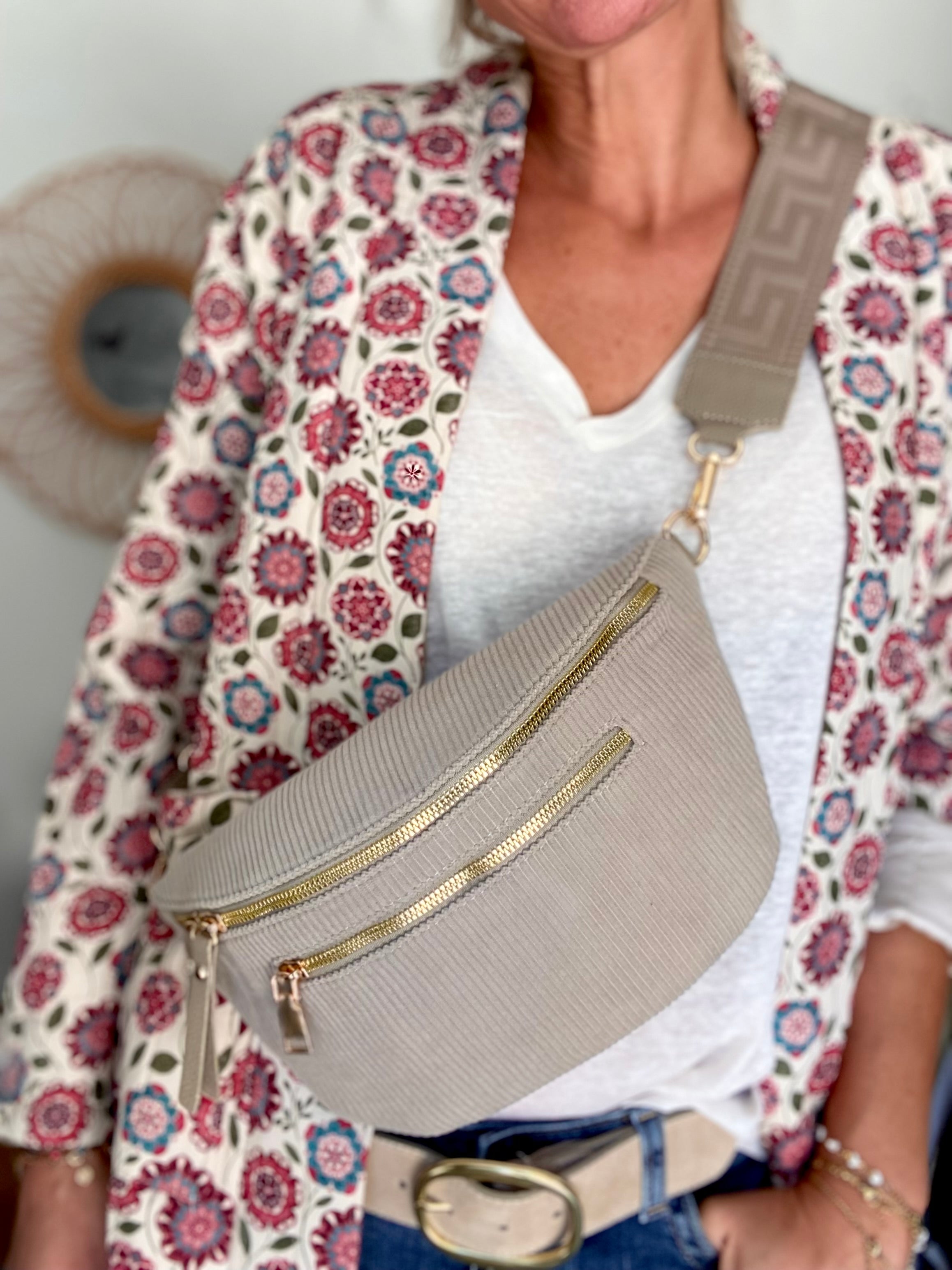 Sac banane L en velours côtelé 2 zips et sangle fantaisie - ASHLY - Beige taupe