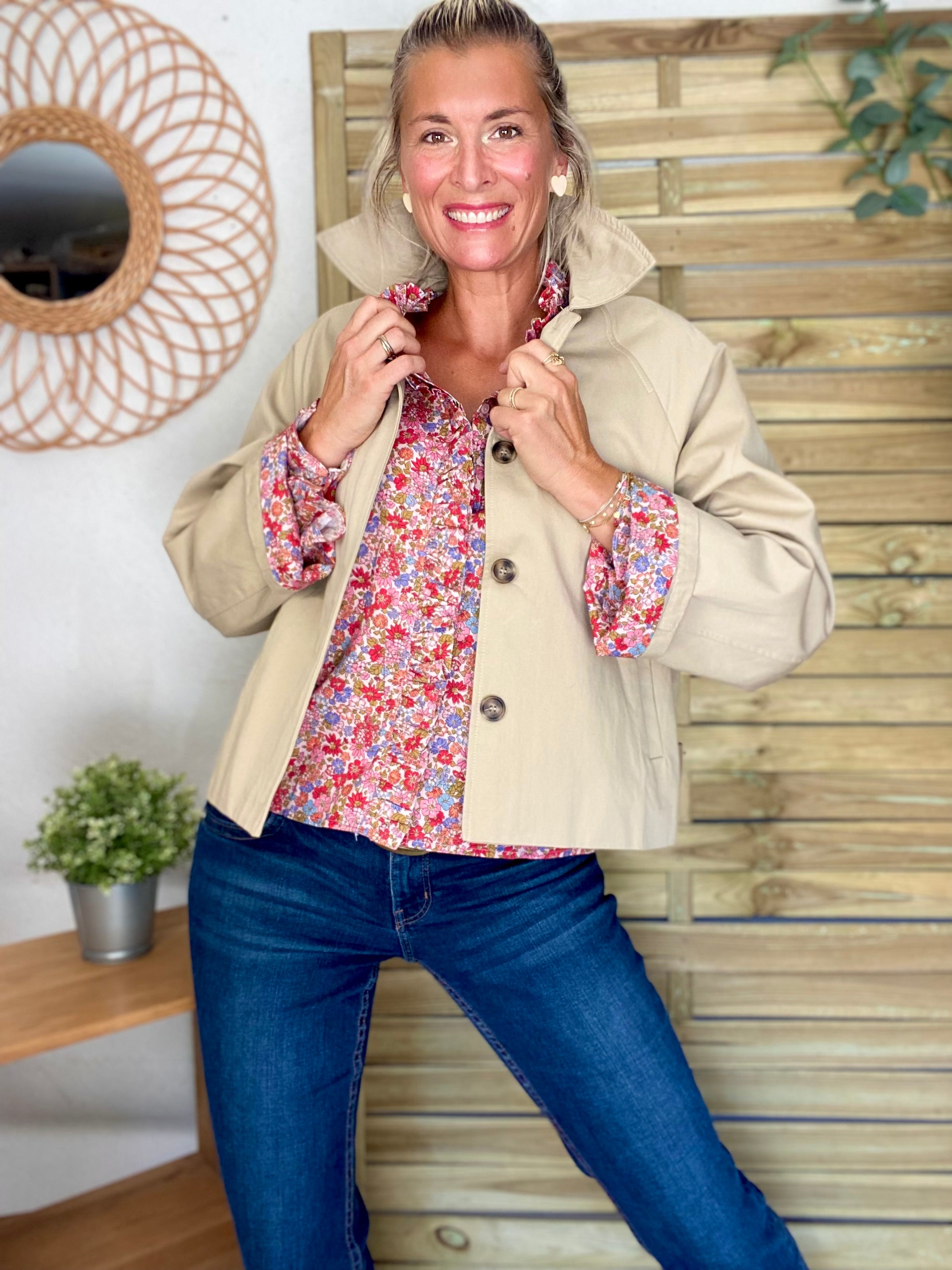 Veste Trench en coton beige avec Liberty - MAHAUT