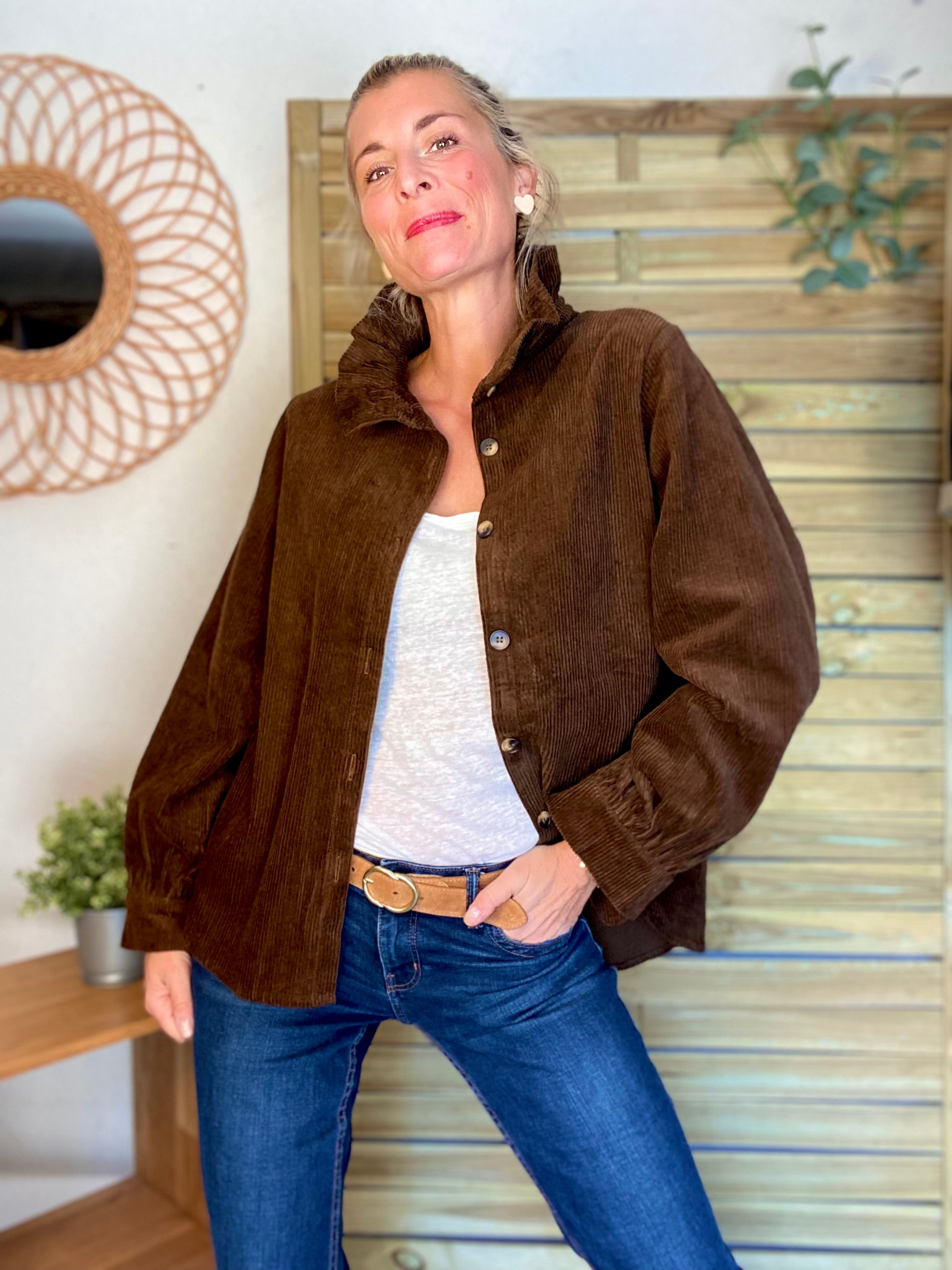Veste / Chemise en coton, col victorien volanté YVONNE - Velours Chocolat