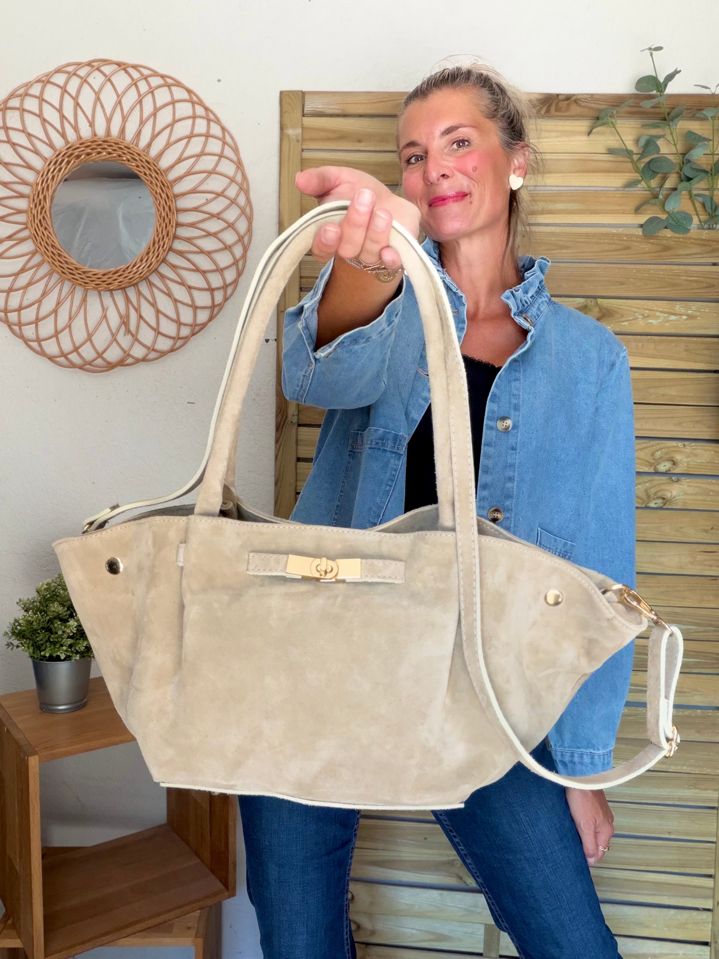 Sac cabas en cuir daim HANA - Beige