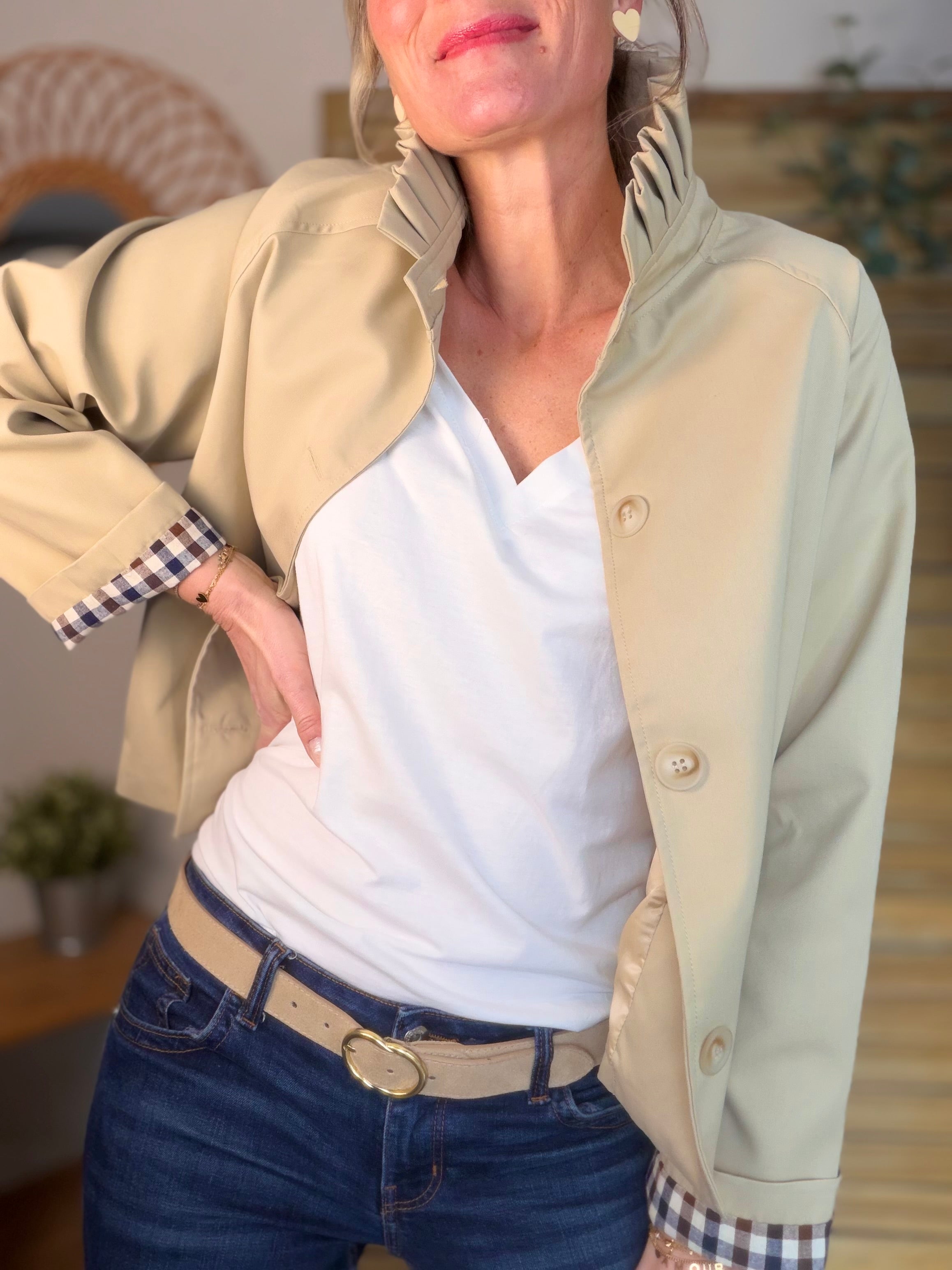 Veste Trench col victorien avec vichy - VICKY Beige